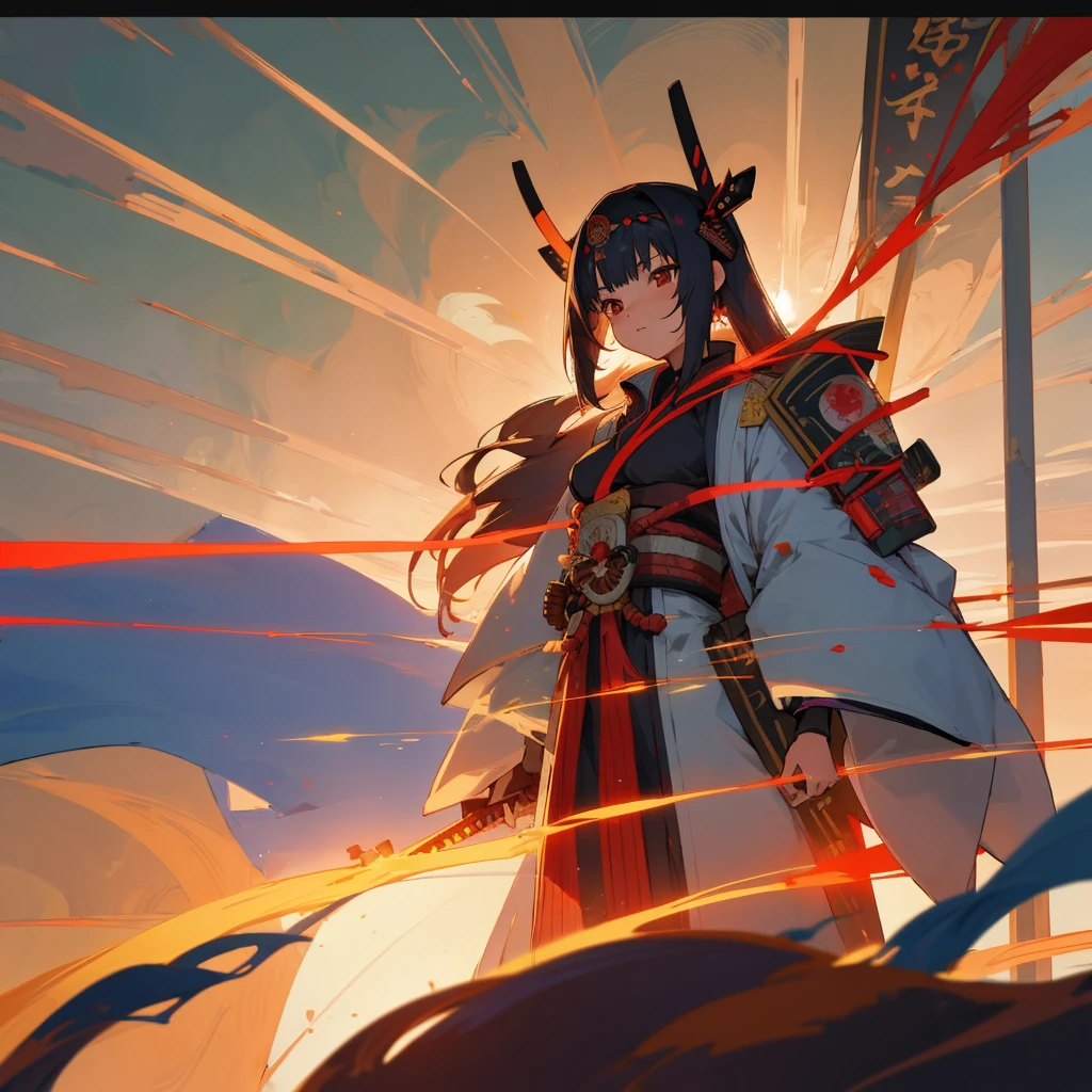 Anime girl standing in futuristic landscape, samurai figure, hieratic visionary style, background is futuristic, this beauty is incredible, hanging scroll, Japanese style, red shift, intertwined materials