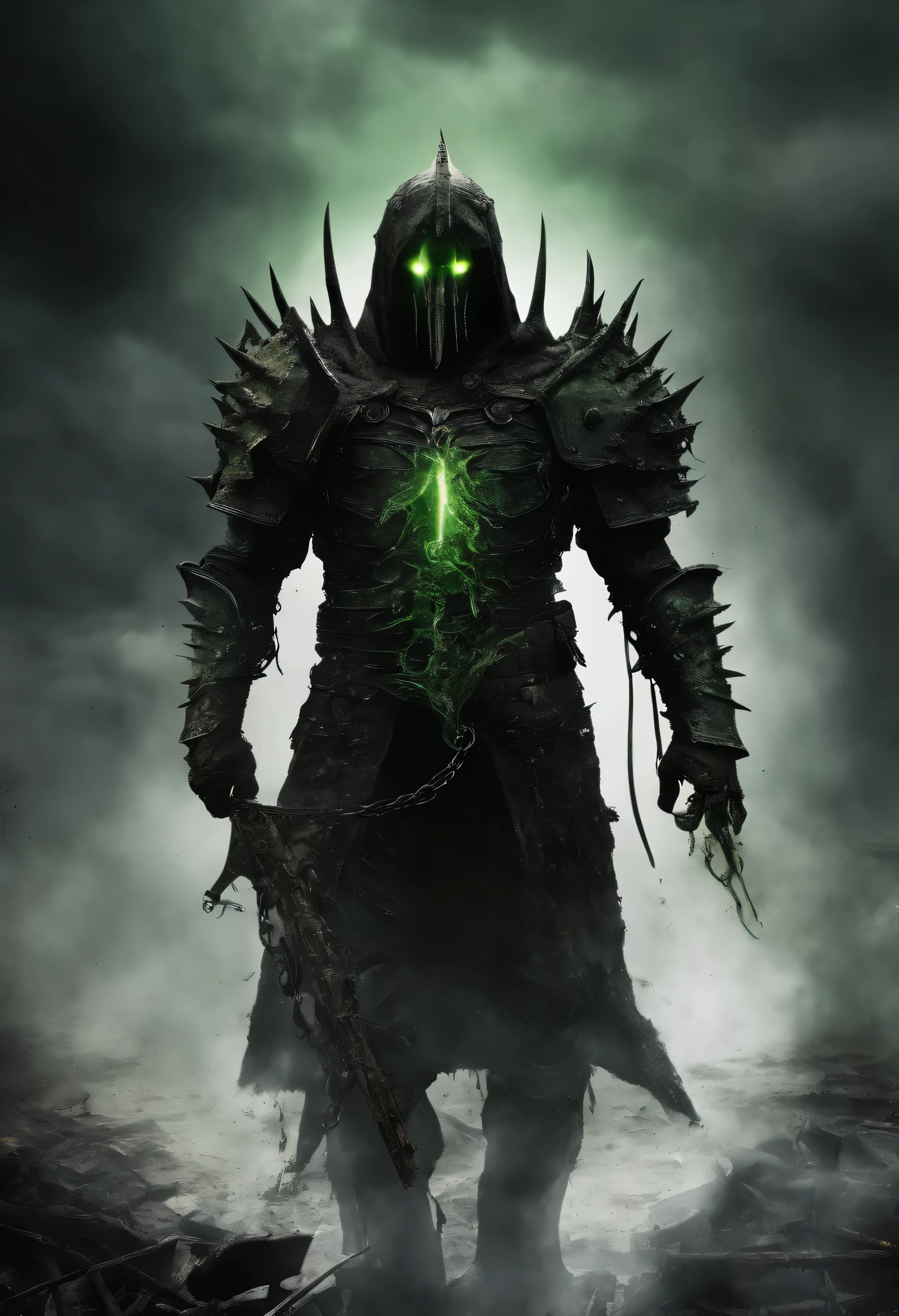 (extremely detailed 8k wallpaper), a medium shot photo of  Grim dressed as a scary masked green nature-supervillain in an armour made of natural glowing wires from marvel, theme, intricate, high detail, dramatic, old scary building with green nature in the background