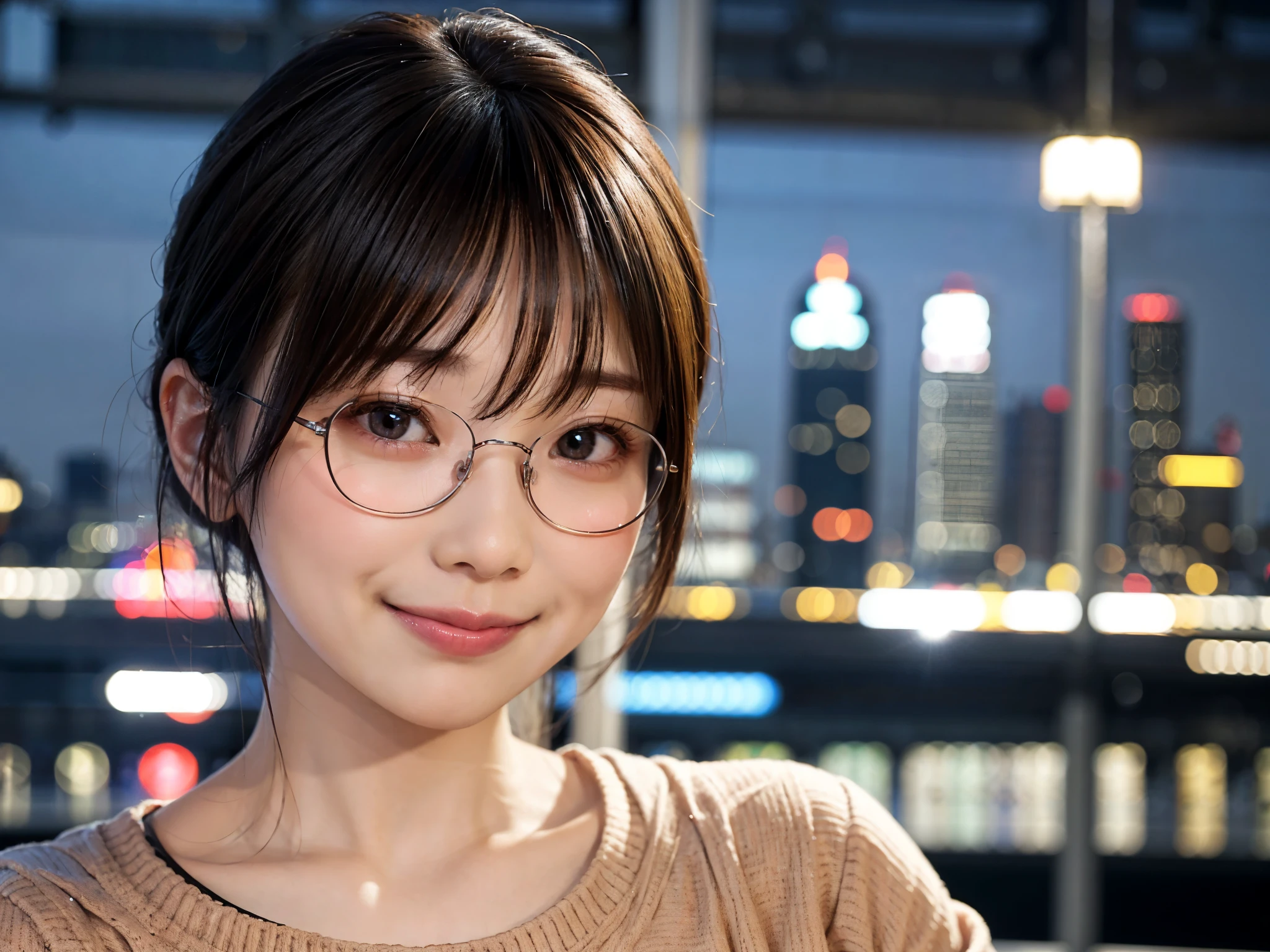 Japan girls in casual clothes、pay attention to your audience、Tokyo cityscape at night、(highest quality、master masterpiece)))、HD Fine、very detailed、master masterpiece、movie lighting、(8K、highest quality、master masterpiece:1.2)、(realistic、Photoreal:1.37) high resolution、Super detailed、woman wearing glasses、Silent look、round glasses、Asian, cute, cute顔, alone, short hair 1.2, rough skin, Beautiful smile, Beautiful and detailed night sky, night scenery, movie lighting, Depth of bounds written, lens flare light、date、(blush your nose)、、(closed your mouth)small breasts、Beautiful eye for detail、(sweater:1.1)、(short hair:1.2)、floating hair nova frog style、