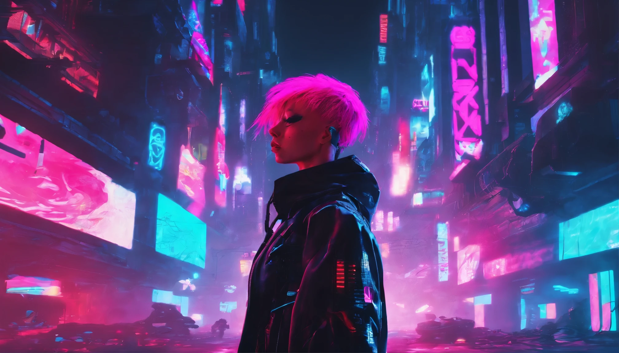 There's a cyberpunk woman with cyborg elements on her face standing in a cyberpunk city alley at night, punk hairstyle, red hair, crest haircut, dark knight movie aesthetic, darksynth aesthetic, red neons, beautiful woman, haze, foggy night, horror cyberpunk, noir aesthetic, sci fi thriller aesthetic, ultra detailed, photorealistic.
