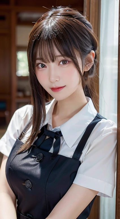 (top-quality,​masterpiece:1.3,超A high resolution,),(ultra-detailliert,Caustics),(Photorealsitic:1.4,RAW shooting,)Ultra-realistic capture,A highly detailed,High resolution 16K human skin close-up。 Skin texture is natural、,The pores are、Must be detailed enough to be easy to identify。 Skin should look healthy with even tones。 Use natural light and color,resturant,Waitress uniform,女の子1人,japanes,18year old,kawaii,A dark-haired,Middle hair,(large boob:1.2),smil,Turn your body to the front,(front-facing view:1.2),Looking at the camera,Bust-up shot:1.1,boob focused:1.1,Chest close-up:1.1