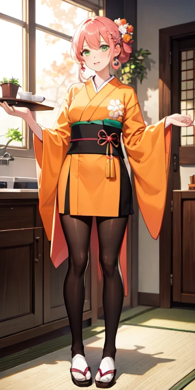 ((best quality)), ((masterpiece)), (detailed), perfect face , full body anime picture of a green eyed orange haired cook student , green eyes , pink hair , kimono . pantyhose , orange kimono