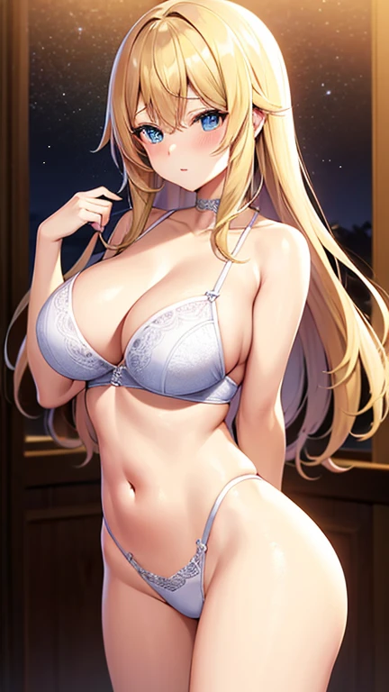 Beautiful Woman, erotic body, cute looking, anime style, girls room, night country background, cute clothes, blonde hair, middle, midnight hour, big tits