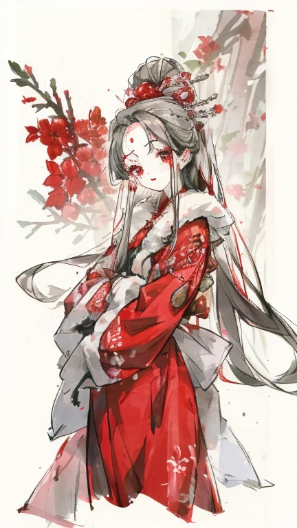 An anime girl with long silver hair,Q version three head height,Exquisite facial features,red eye shadow,red lips,There a red flower on the forehead,Stand in the snow,Holding a plum blossom,Wearing a red Song Dynasty dress,red cloak cloak,White fur collar,Q version cute style,comic style,Antique dress,winter,There a bunch of wintersweet in the background,HD