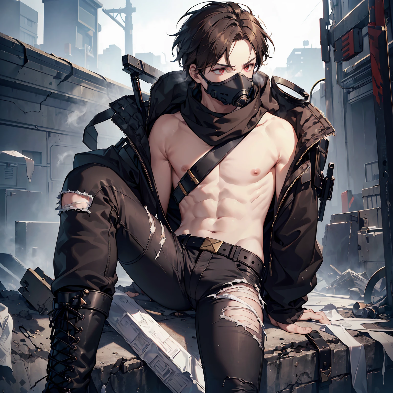 ((masterpiece, best quality)), ((solo)), ((1boy)), (wounded), ((white bandages covering chest)), ((black ripped black jeans)), (topless), (black military boots), ((dark brown hair)), serious, crimson eyes, ((black smoking vapor respirator mask)), (brass knuckles), dynamic angle, wasteland background, nighttime