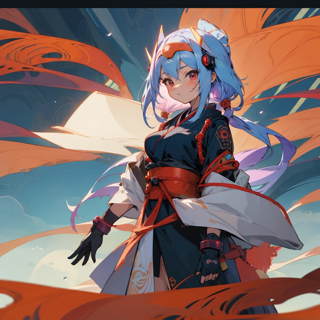 Anime girl standing in a futuristic landscape, ninja, hieratic visionary style, (background is futuristic), this beauty is incredible, hanging scroll, Japanese style, red shift, intertwined materials