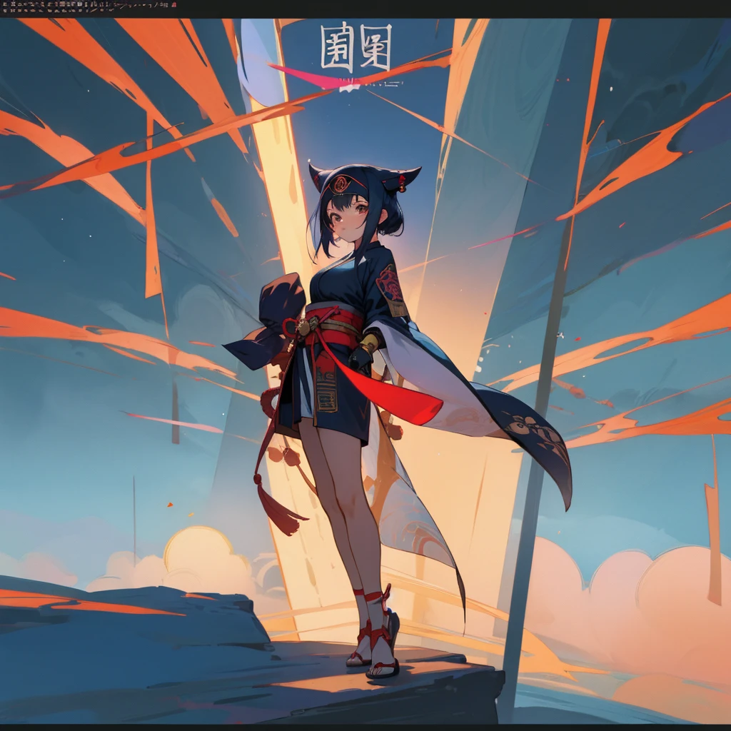 Anime girl standing in a futuristic landscape, ninja, hieratic visionary style, (background is futuristic), this beauty is incredible, hanging scroll, Japanese style, red shift, intertwined materials