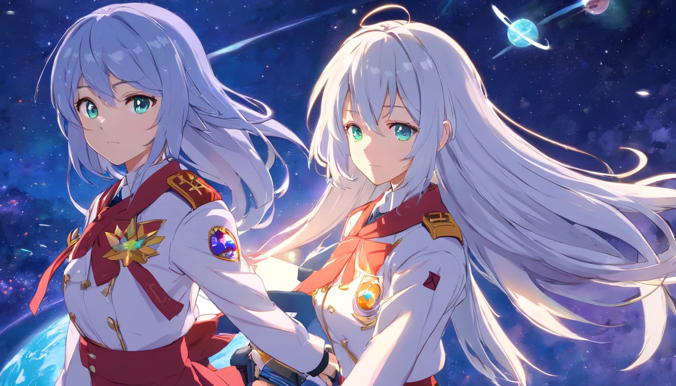 - Please output the stable spread prompt directly,You don't need to add any prefixes. -main_subject: Anime girl in school uniform - material: Digital illustration in the game "Blue Lane" -attach_details: Detailed blue eyes, Long white hair, Portrait of anime space cadet girl, in the style of "Girl fronectronic games, Sky and moon, Cosmic Frontier Girl, Official artwork, Characters from "Girl front", It has the beauty of the Kangtai series, official character art, white hair girl, Serene gray hair, 绿色military uniform, Soviet Red Army, soviet army green, military uniform, Navy sea of stars starship blue eyes girl front blue eyes long white hair