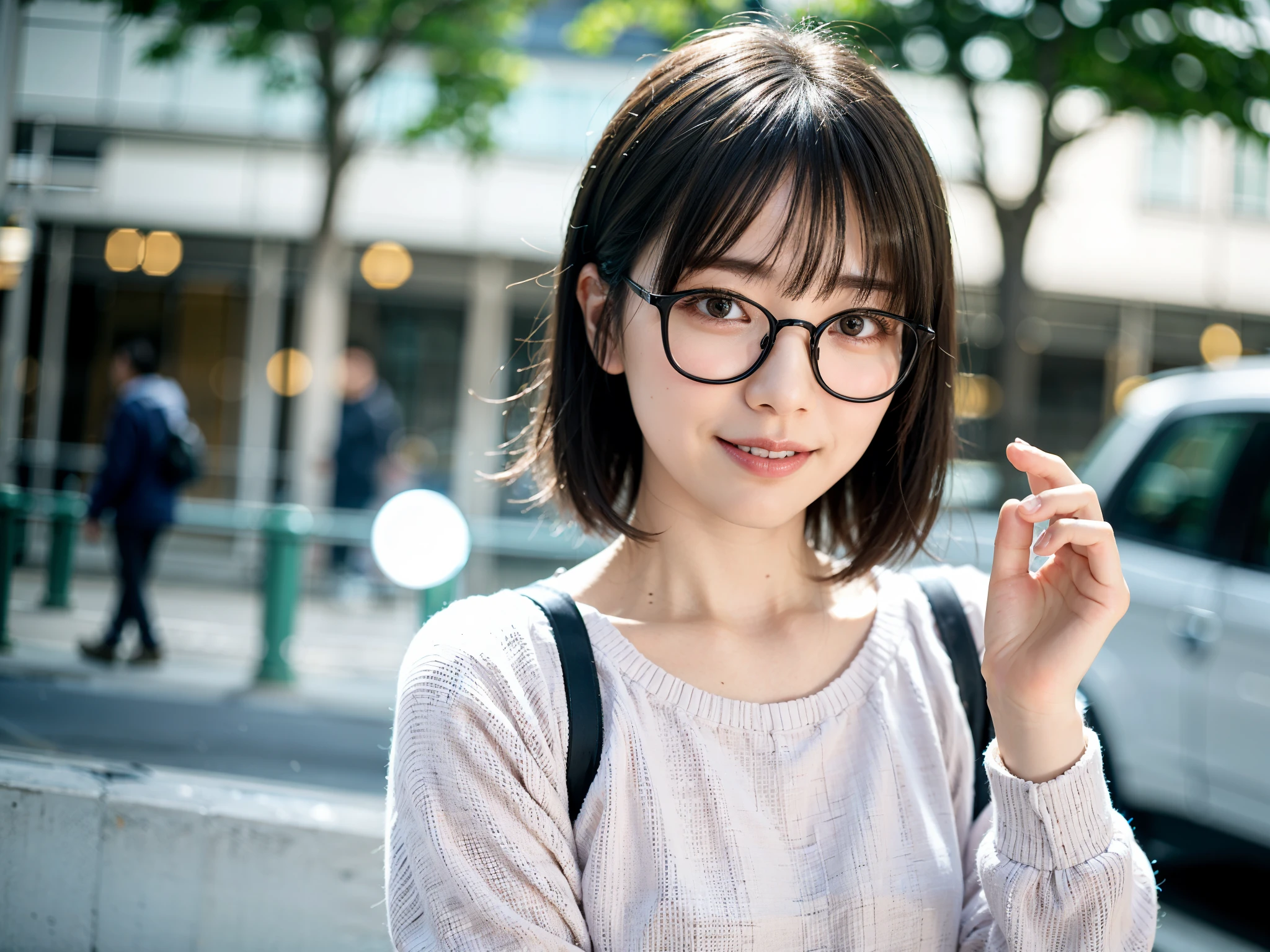 Woman posing on street corner in casual clothes、highest quality、1 girl、small box、Day、bright、blur background、Bokeh、outside the house、(street style:0.8)、woman wearing glasses、thin frame glasses、round lens glasses、thin gold glasses frames、sweater:1.5、水色のsweater:1.2、blue clothes:1.5)、luxury(short hair、amount:1.2)、Beautiful sky drawn in detail、(dynamic pose:1.2)、 (Upper body:0.5)、soft lighting、Wind、glowing skin、laughter、