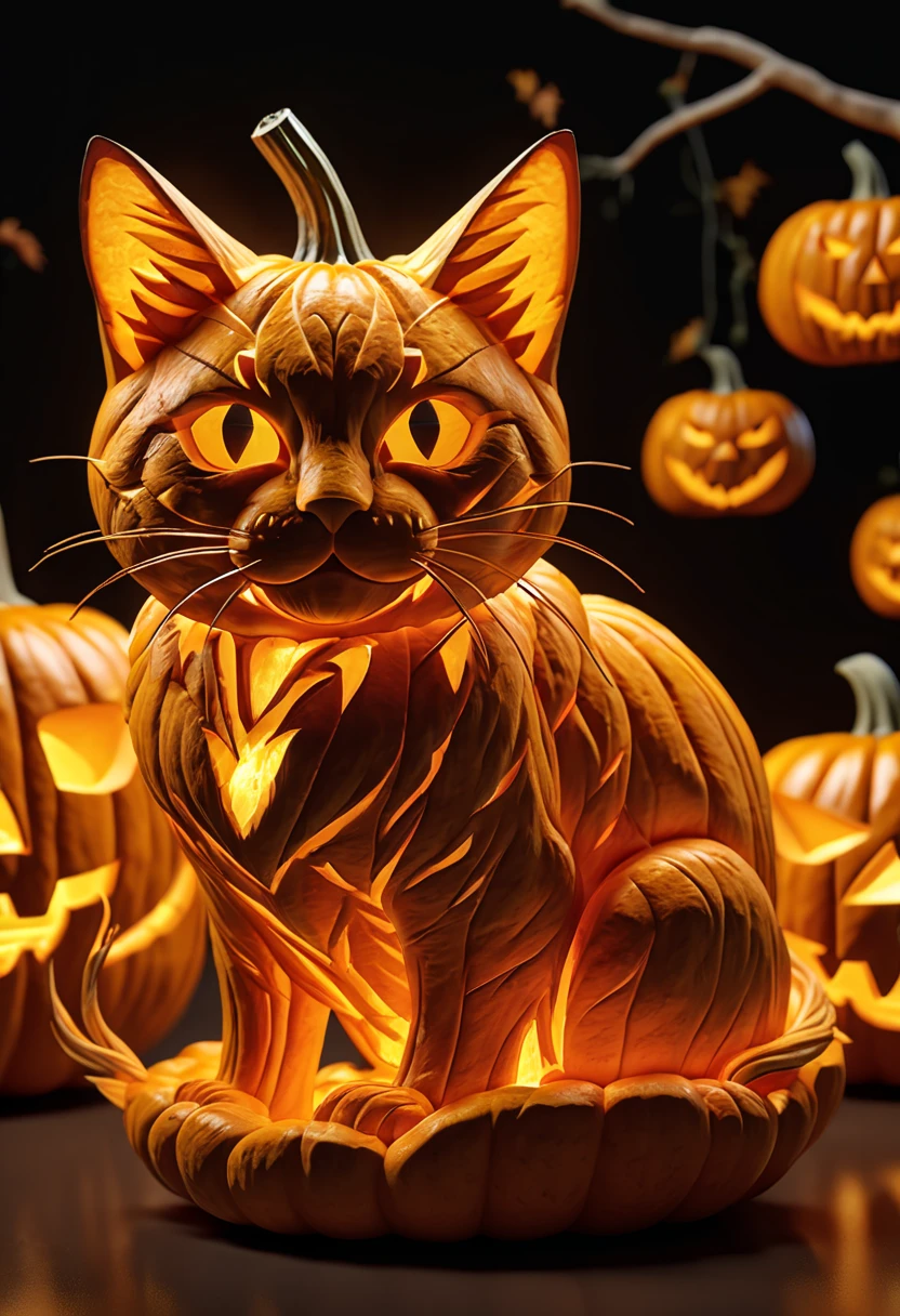 ultra detailed Pumpkin Carvings like a tiger, Shining suspiciously luminescence, BREAK high quality render, ultra realistic shadows, photoreal, 8k, photorealistic