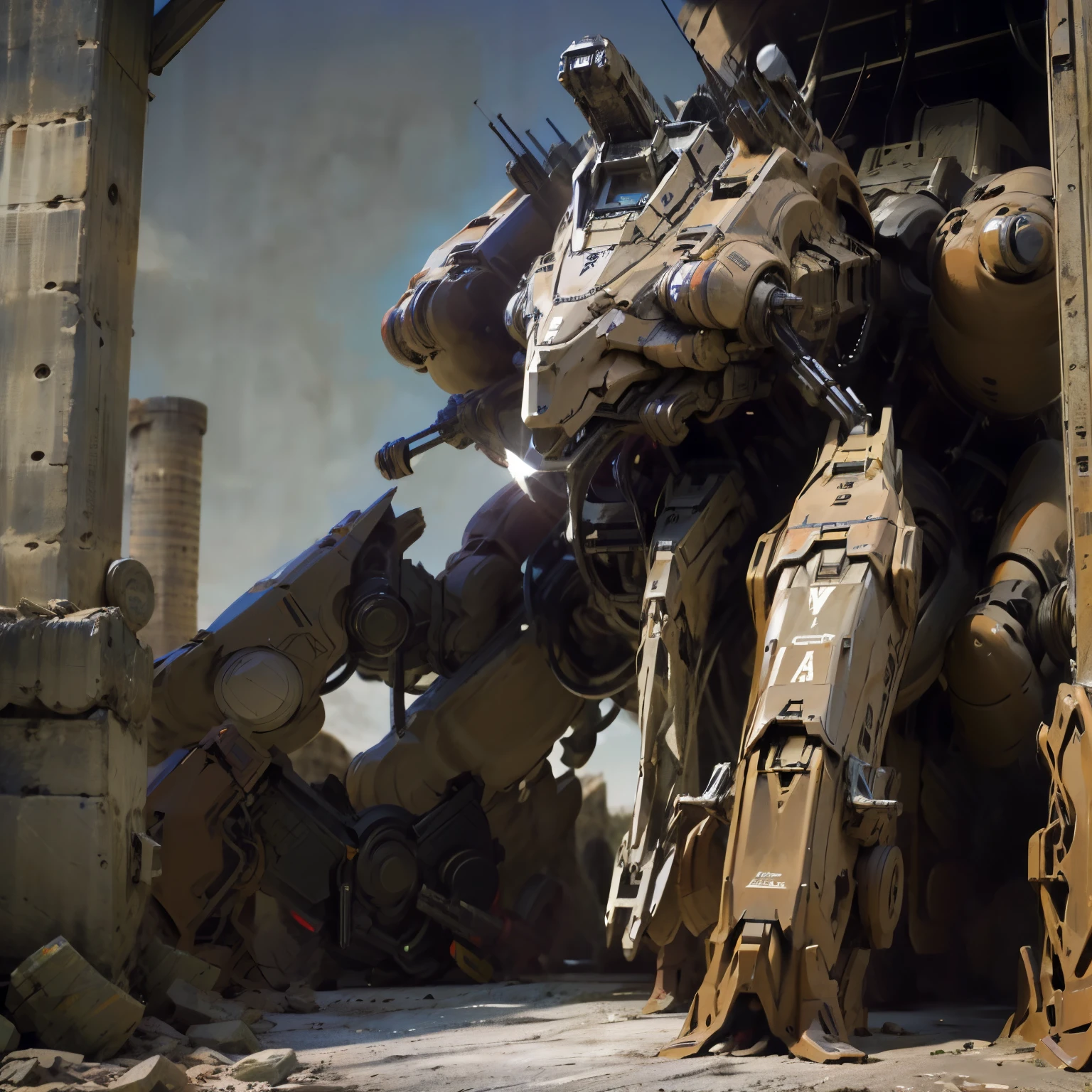 A giant robot buried in the desert, forgotten, left to rust, dead machine, deactivated, left behind, covered in sand and rust, war machine, titan, giant war robot with guns, colossus