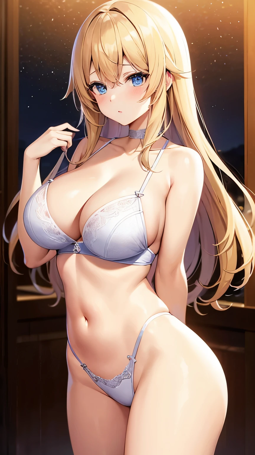 Beautiful Woman, erotic body, cute looking, anime style, girls room, night country background, cute clothes, blonde hair, middle, midnight hour, big tits