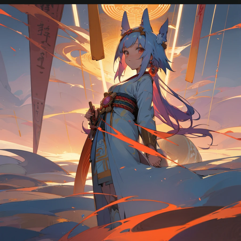 Anime girl standing in futuristic landscape, Yujo, hieratic visionary style, (near future), this beauty is incredible, hanging scroll, Japanese style, red shift, intertwined materials