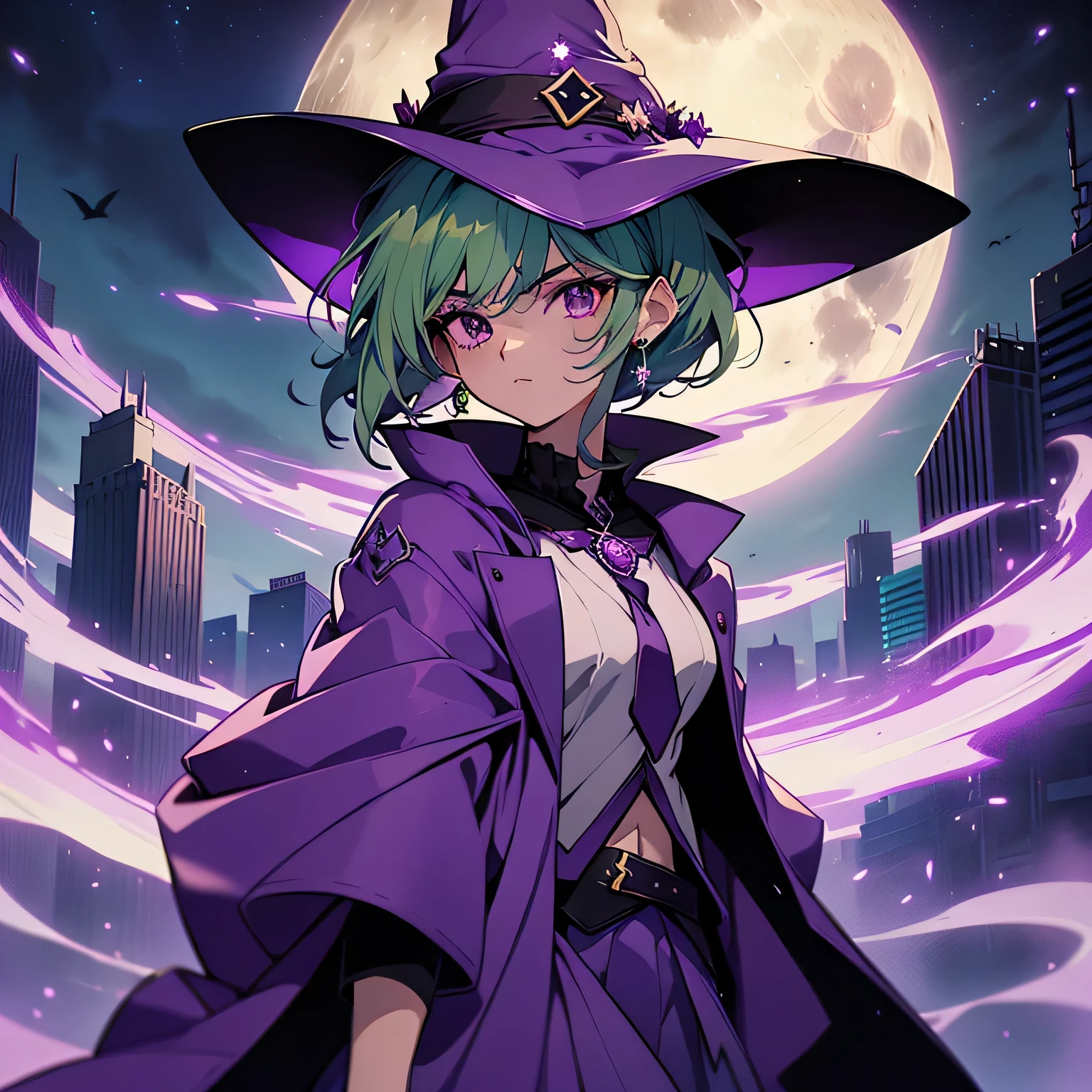 top-quality、extremely delicate and beautiful、(A teenage girl)、Purple Eye、Green hair、short-haired、(purple witch hat)、Purple tie、Soio、shortsleeves、Purple skirt、Purple Wizard Robe、Navel、 standing、Full moon night on background