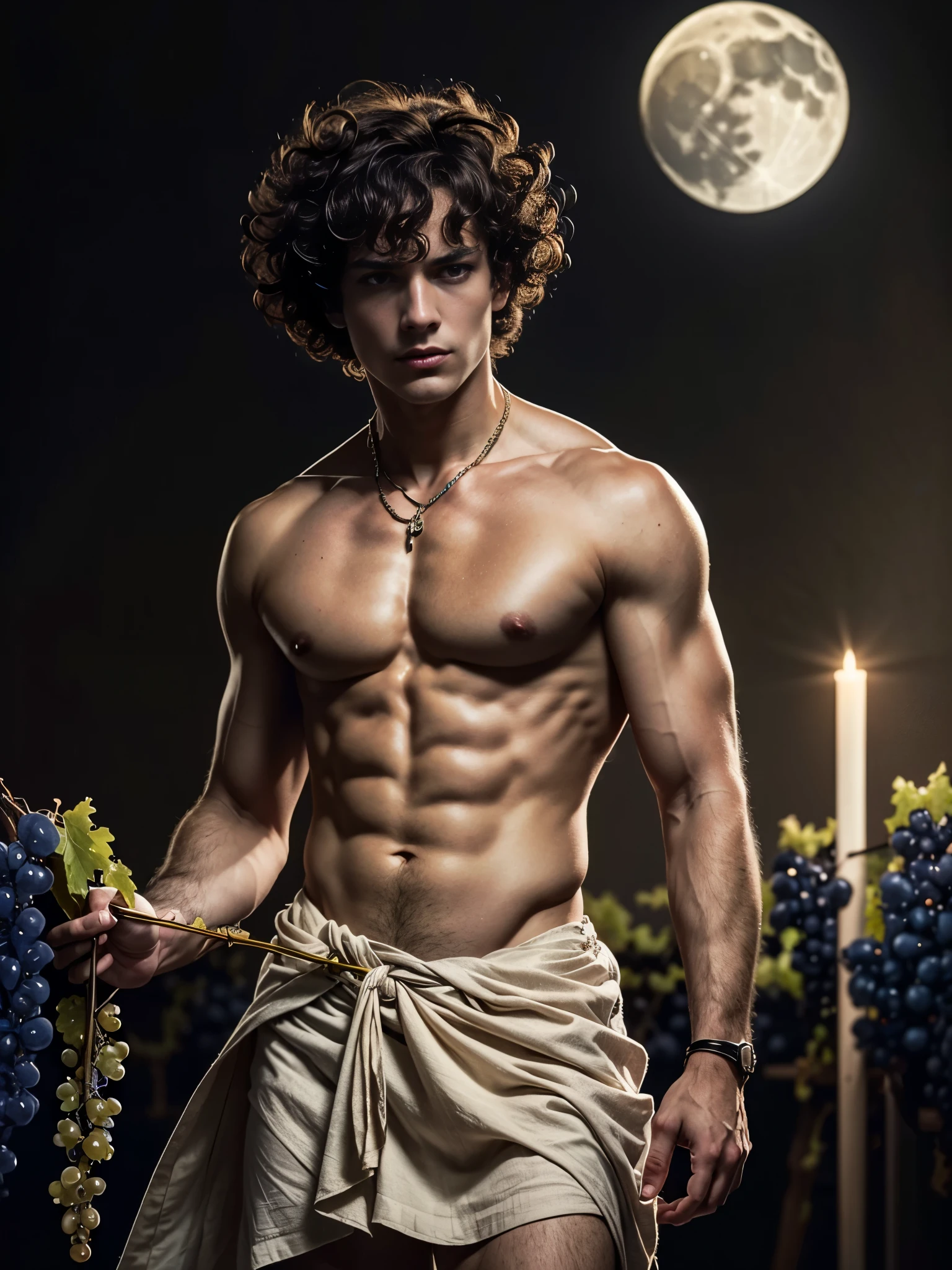 ((masterpiece)),((best quality)),8k, high detailed, ultra-detailed, Stylish Pose, real skin texture, dark lighting, 25 year-old Italian male model, barechested, shirtless, handsome italian, cute looking, divine look, powerful light green eyes, Bacchus god, god of wine, wine god, godly, white pale skin, roman god physic, (curly hair:1.5), short curly light brown hair, dry light brown hair, (short curly hair:1.7), blond messy hair, strong jawline, masculine, muscular, defined fit body, hairless chest, shirtless, pantless, sinister aesthetic, sea sunrise, arm bracelet, costline, epic sunrise, walking towards the camera,(moon :1.3)(night:1.7)(dark night:1.5), torches iluminating, (vineyard:1.8), grapes, rivers of wine, barelegged, barechest, barefoot, white antique linen spartan loincloth, white linen antique draped cloth skirt, white fabric, golden chain in roman skirt ,,,, dim light, dramatic lighting, (dark background:1.9) Depth of field, award-winning photography, elegant, hyperrealistic, octane render, unreal, high definition, 8k resolution, highly detailed, 8k uhd, professional lighting, photon mapping, radiosity, physically-based rendering