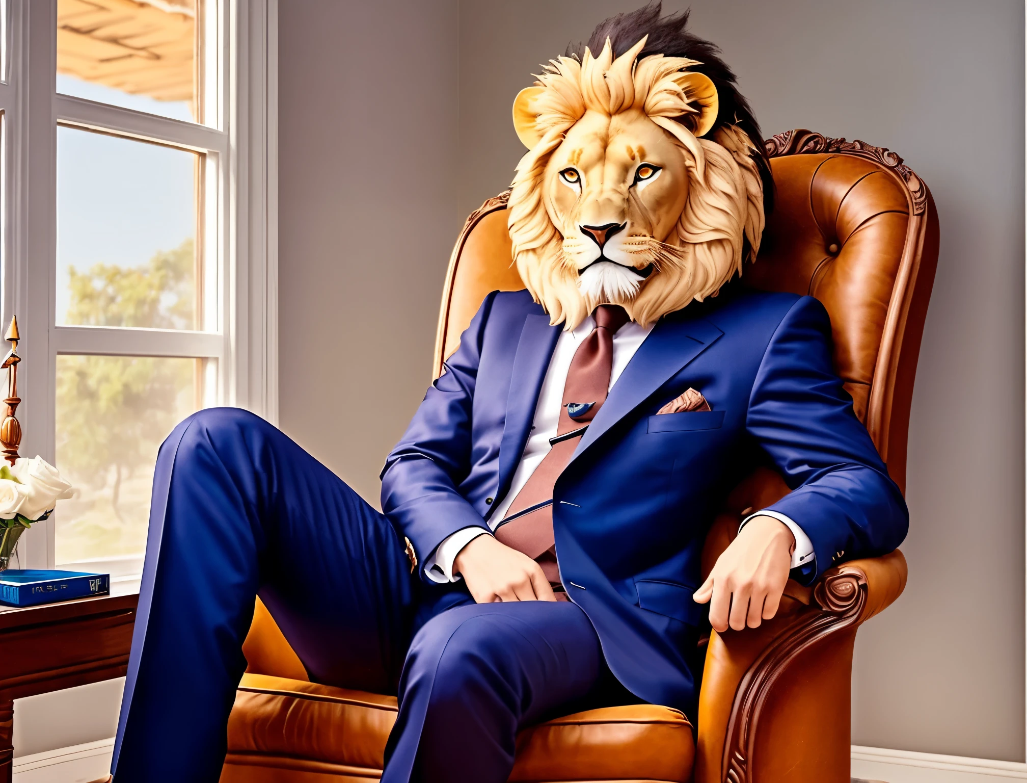 A lion head person in suit sitting in attitude on the chair, legs crossed --auto --s2