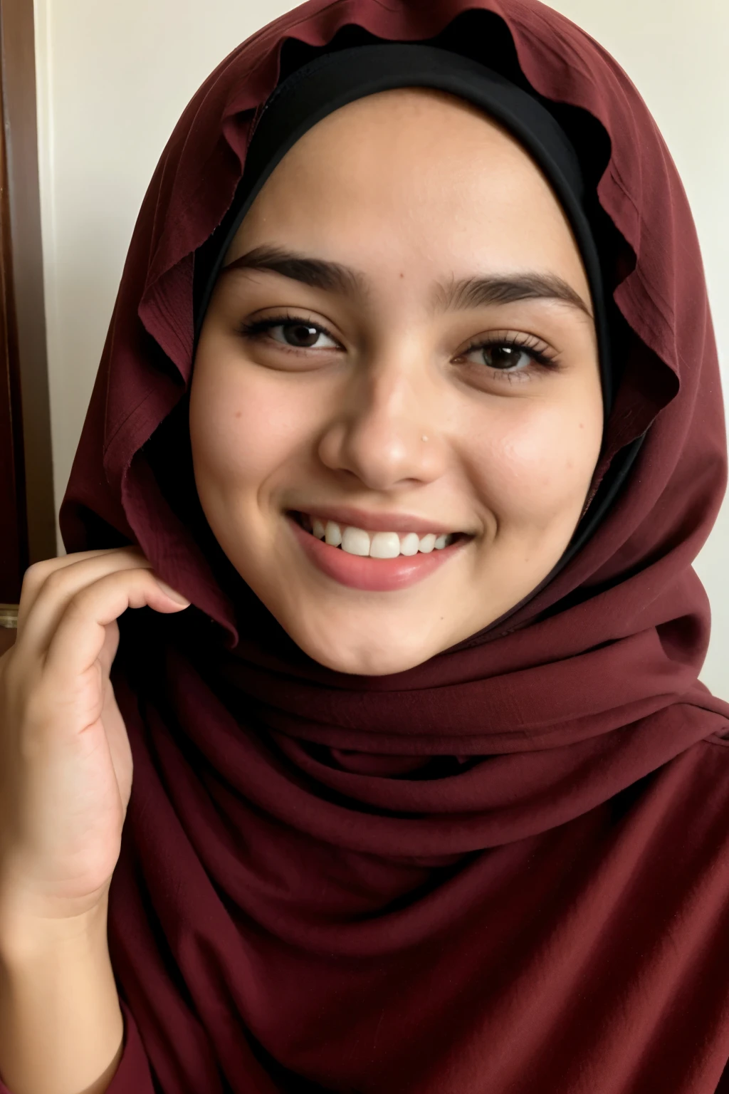  23-year-old thin Muslim young girl in hijab is smiling,