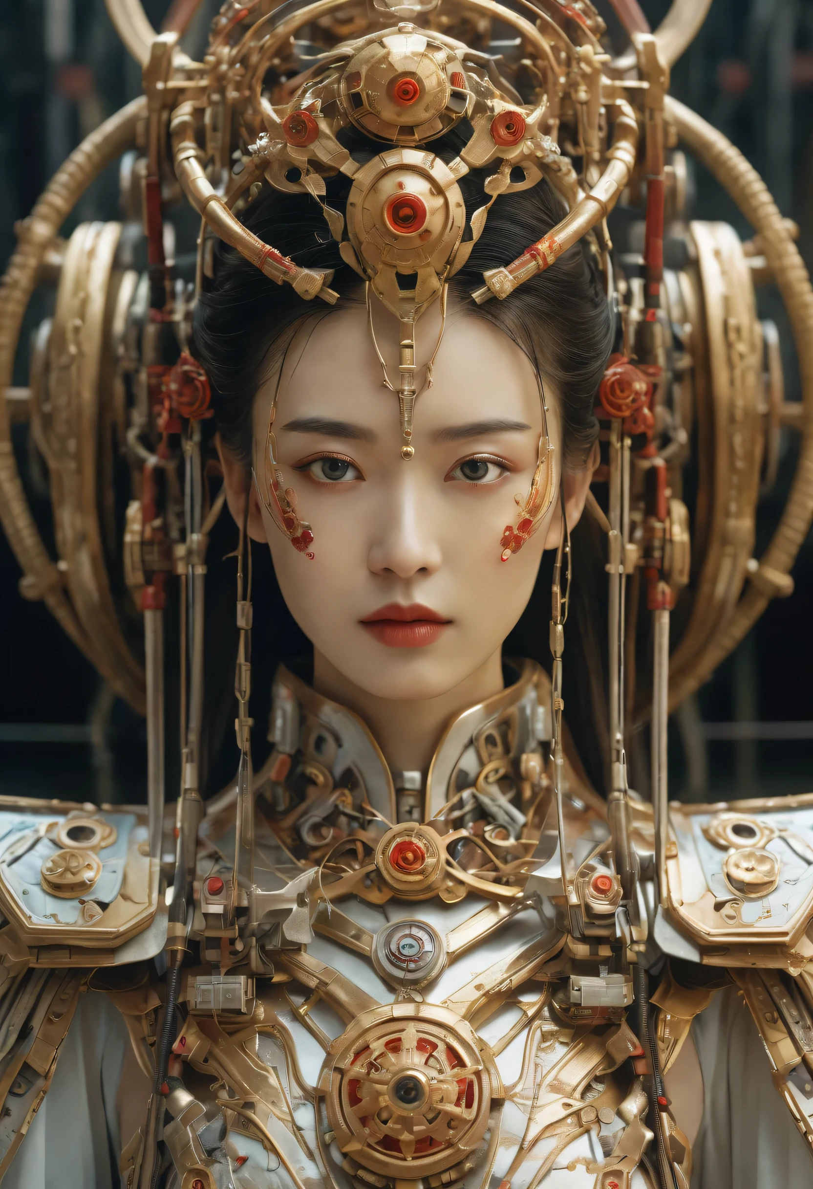 future local future, Actress Zhao Lusi plays an advanced cybernetic machine, Japanese goddess of war, , Artistic details, Cyberpunk Chinese Mythology, Epic science fiction fantasy, center, In the style of Nick Alm'fantastic future fantasy, dark prism, dark, Metal composition, symmetrical arrangements, iridescent metallic , distinctive noses, ethereal, Colorful blood stains, 引人注目的Metal composition, Symmetrical geometry, distinctive noses, gothic references, With thick lines and black stripes, white, Red, Gold and silver, Fantasy science fiction art, a detailed painting, ,Alex Alemany (Alex Alemany) with karol bak (karol bak) merge