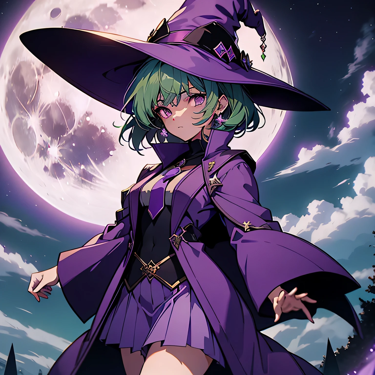 top-quality、extremely delicate and beautiful、(A teenage girl)、Purple Eye、Green hair、short-haired、(purple witch hat)、Purple tie、Soio、shortsleeves、Purple skirt、Purple Wizard Robe、Navel、 standing、Full moon night on background