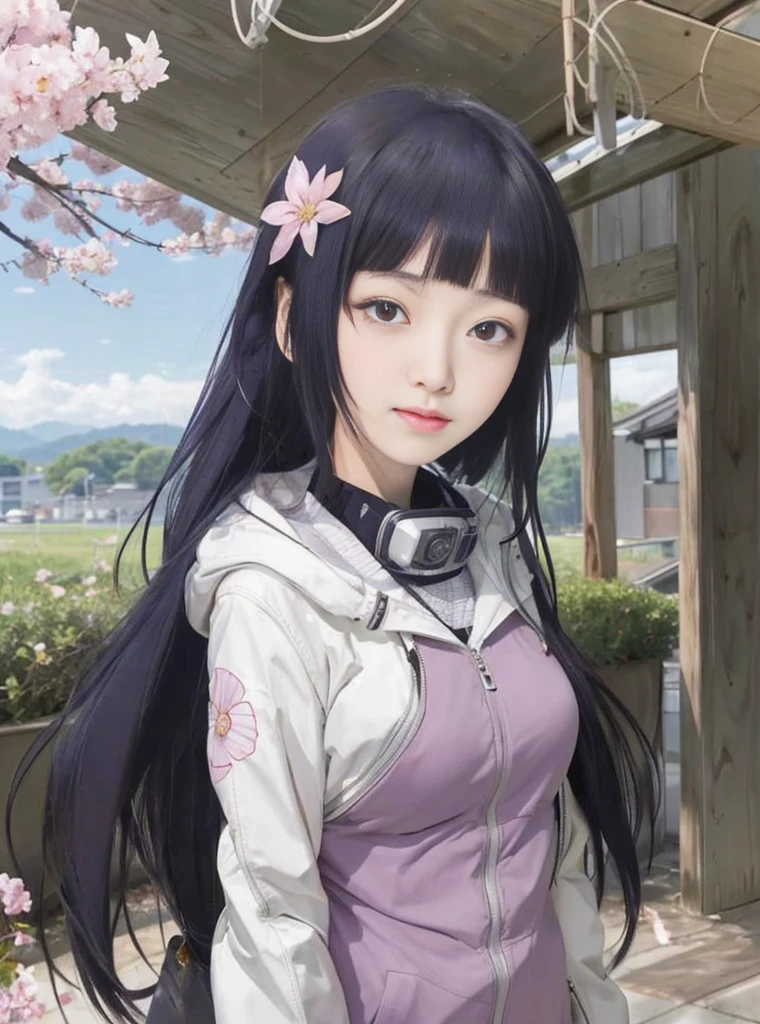 anime girl with long black hair and a white jacket standing in front of a building, hinata hyuga, hinata hyuga from naruto, misato katsuragi, portrait of mayuri shiina, iwakura lain, kotegawa yui, kimi takemura, hana yata, shirabii, anime portrait of shiina ringo