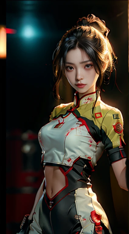 fighting stance,Navel-baring combat uniform,肚脐出Blood,小腹出Blood,Blood,Injuried,Cover your stomach,,嘴角流Blood((best quality)), ((masterpiece)), (detailed:1.4), 3D, Image of a beautiful cyberpunk woman,human development report (high dynamic range),Ray tracing,NVIDIA RTX,super resolution,Unreal 5,subsurface scattering,PBR texture,post processing,Anisotropic filtering,depth of field,Maximum clarity and sharpness,multi-layer texture,Albedo and specular maps,surface coloring,Accurate simulation of light-material interaction,Perfect proportion,octane rendering,Two-tone lighting,Large aperture,Low ISO,white balance,rule of thirds,8K original,小腹肚脐出Blood