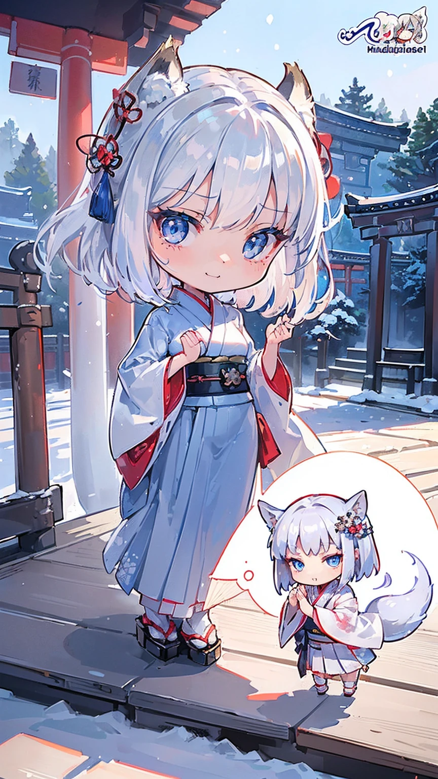 (((masterpiece))), (((highest quality))), ((ultra-detailed)), ((super fine illustration)), ((ultra-fine painting)), (chibi:2.0), (full body:1.6), HDR, (Highly detailed and delicate illustration style:1.8), detailed skin texture, detailed cloth texture, extreme detailed description, (T-masterpiece), (highly detailed face:1.2), (highly detailed shiny hair:1.2), (highly detailed clear eyes:1.2), original, RAW photo, professional, Intricate details, super details, direct light:1.6, highly detailed hands:1.2, highly detailed fingers:1.2, highly detailed fingertips:1.2, (16-years-old), real, (Solo:1.5), (A very mysterious and sacred silver fox girl with nine silver tails and blue eyes who is a messenger of the gods and a Japanese shrine maiden:1.4) BRAKE (Beautifu and adorable silver fox ears:1.4), (Beautiful and adorable silver fox nine tails:1.2), (Beautifully shaped breasts), (Beautifully small shaped buttocks), (Beautiful and shiny highly detailed and delicate silver short hair:1.4), (Beautiful clear and highly detailed blue eyes:1.6), (smile:1.3), blush:1.1, (looking at me:1.2), Very detailed, beautiful and perfect hands:1.4, Very detailed, beautiful and perfect fingers:1.4, Very detailed, beautiful and perfect fingertips:1.4, (perfect anatomy:1.4) BRAKE (White beautiful kimono:1.4), (Vermilion:1.25 beautiful hakama:1.4), (Very detailed and beautiful Japanese traditional shrine maiden costume:1.4), (Japanese traditional costume:1.2) BRAKE 16K highest quality wallpaper:1.4, (Very detailed and beautiful Ise Grand Shrine in Mie Prefecture just after noon in winter in the background:1.6), standing in front of the torii gate, Very detailed and beautiful Ise Grand Shrine:1.2, Very detailed and beautiful torii gate of Ise Shrine:1.2, Very detailed and beautiful grounds of Ise Shrine:1.2, Very beautiful in the sunny sky background just after noon:1.4 BRAKE