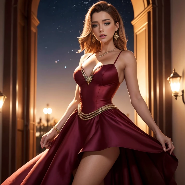 AMBER HEARD modelando como estrella de cine, ella tiene una pose de modelo parada, en noche de gala, Fitted flared dress with thin beaded straps and low-cut back, Vestido rojo, glamour, pelo rubio intenso, pelo suelto, Ojos azules, mirada seductora, sonrisa discreta, labios rojos, pechos naturales grandes, joyeria y tacones plateados, alfombra roja, premios oscar, cuerpo perfecto y fit, cuerpo completo, very detailed and symmetrical face, sin inperfecciones, ella es la reina de la noche, ella porta un tridente plateado, 8k alta calidad, Obra maestra, mejor calidad, Copa G, High Definition, extremadamente detallado, volumetric lighting, Fotorrealista