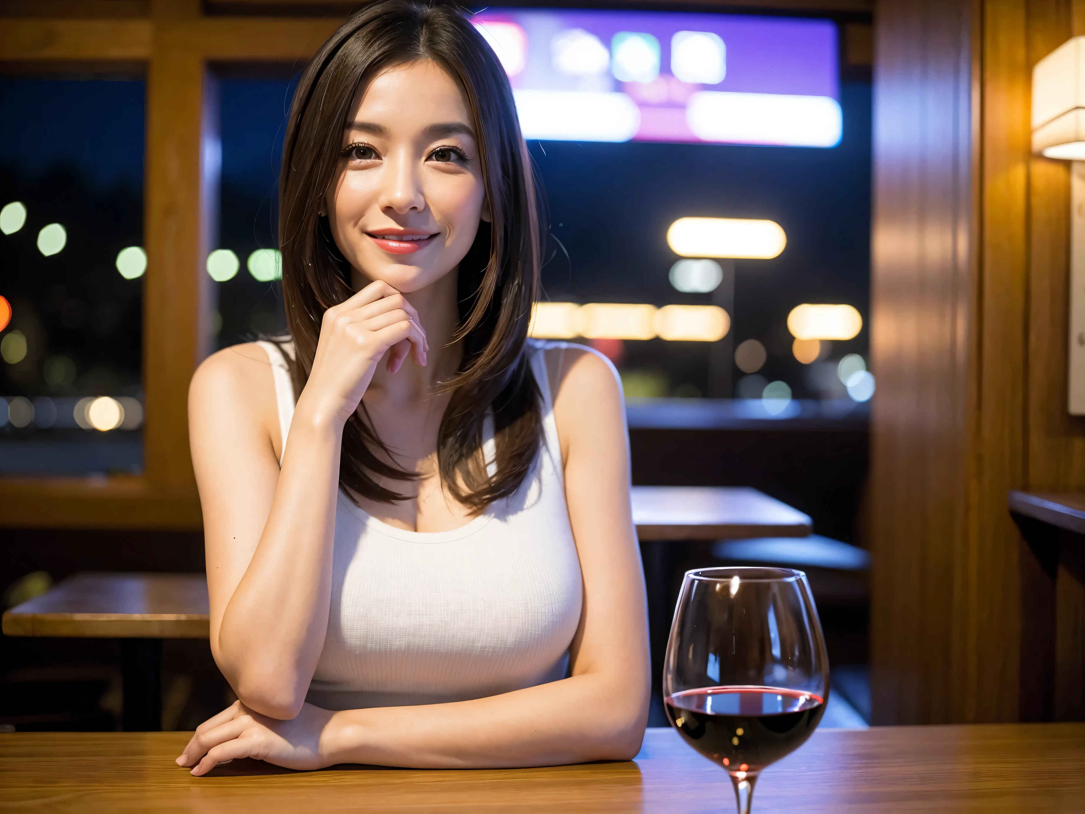 (64k included, nffsw, top quality, table top: 1.2), (realistic, realistic: 1.37), pretty woman 1, (slimフェイス), (slimボティ), (brown hair), (shortcut), Dutch、Japanese、American、French、cheeks blush a little, (40 years old), 38 years old, alone, 窓の外には美しく緻密なnight景が広がります........, restaurant, wine glassに座って, nightに, in a prominent place (from the waist up) nova frog style, actress, model, waist up, White wine, slim, wine glass, とてもきれいなnight景, 真ん中に置かれたwine glass, smile, (smile: 1.15), beautiful slender eyes, upper body, bust japan up, night, short, short, actress, model, waist up, White wine, slim, wine glass, とてもきれいなnight景, 真ん中に置かれたwine glass, smile,