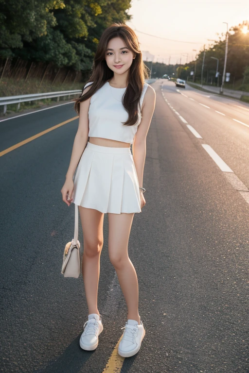 A cute girl with long brown hair and a round face in a white crop top standing on the roadside wearing a JK skirt.。Smile without bangs at sunset。Wearing a pair of canvas shoes on her feet