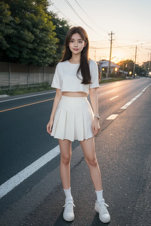 A cute girl with long brown hair and a round face in a white crop top standing on the roadside wearing a JK skirt.。Smile without bangs at sunset。Wearing a pair of canvas shoes on her feet