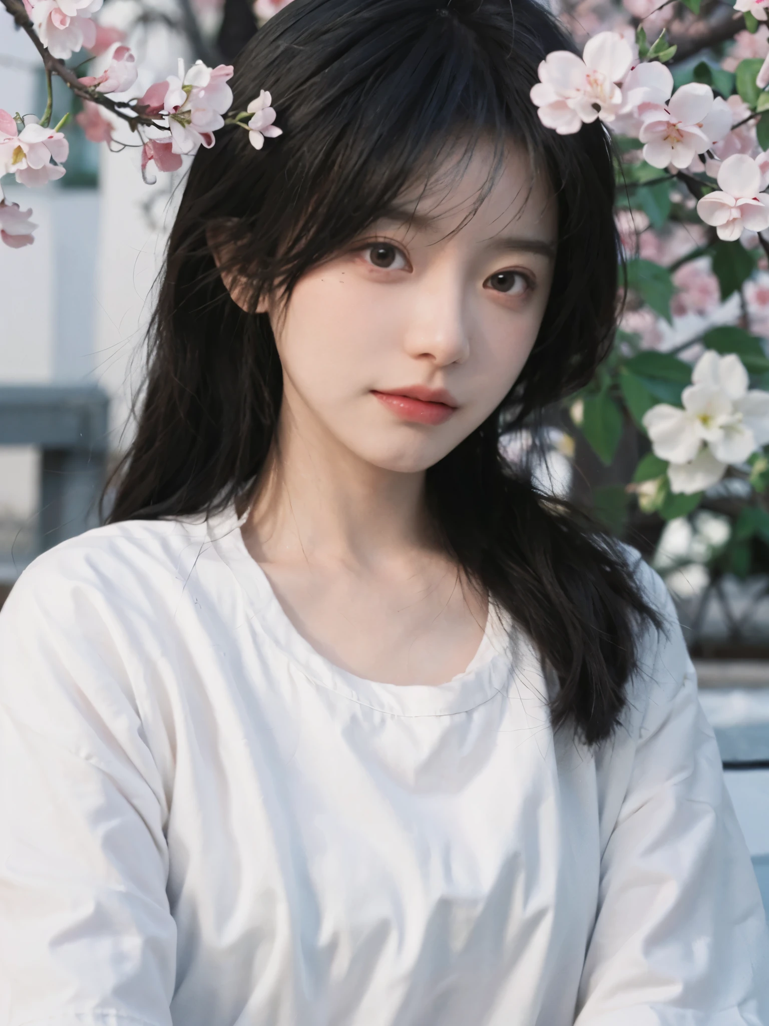 best quality, ultra high resolution, White background,(realistically:1.4), 2 girls, White short sleeves,Cherry blossom rain,A pair of eyes as clear as snow,Royal sister,looking at the audience, close up ,