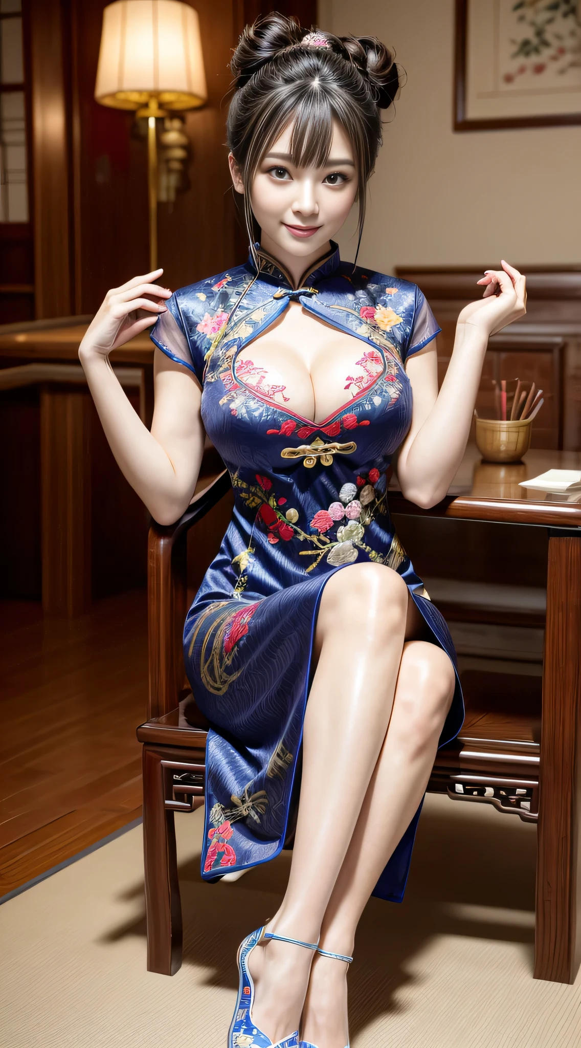 ((masterpiece、highest quality))、detailed face、Sexy Japan Models、(((Beautiful patterned embroidered Chinese dress 1.3)))、(Blue cheongsam)))、Wearing a sexy cheongsam、(double bun hair:1.3)、big breasts、cleavage、depth、1 girl、Symmatic lighting、high heels、sexy woman、Sexy beautiful legs、Beautiful legs focus、Attractive beautiful legs、セクシーなhigh heels、ルブタンのセクシーなhigh heels、Sitting on a chair with her legs crossed in a sexy way、Naughty legs、smile、sexy costume