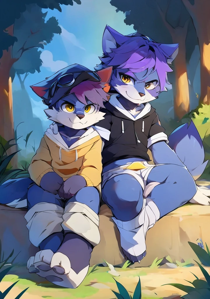 hairy，Purple fur，Bright purple hair，male，canine，Lovely，fine fur，golden eyes，粗眉毛hairy的尾巴，White short sleeves，white shorts，Super detailed：1.0，boy，teenager，Beasts too，Lovely，Chautya Dagashi：1.1），anatomically correct，Red Claw，paw，Wear a trendy sweatshirt，tall，animal paw，亮白色的paw，白色的paw，sitting on bed，Wear white socks