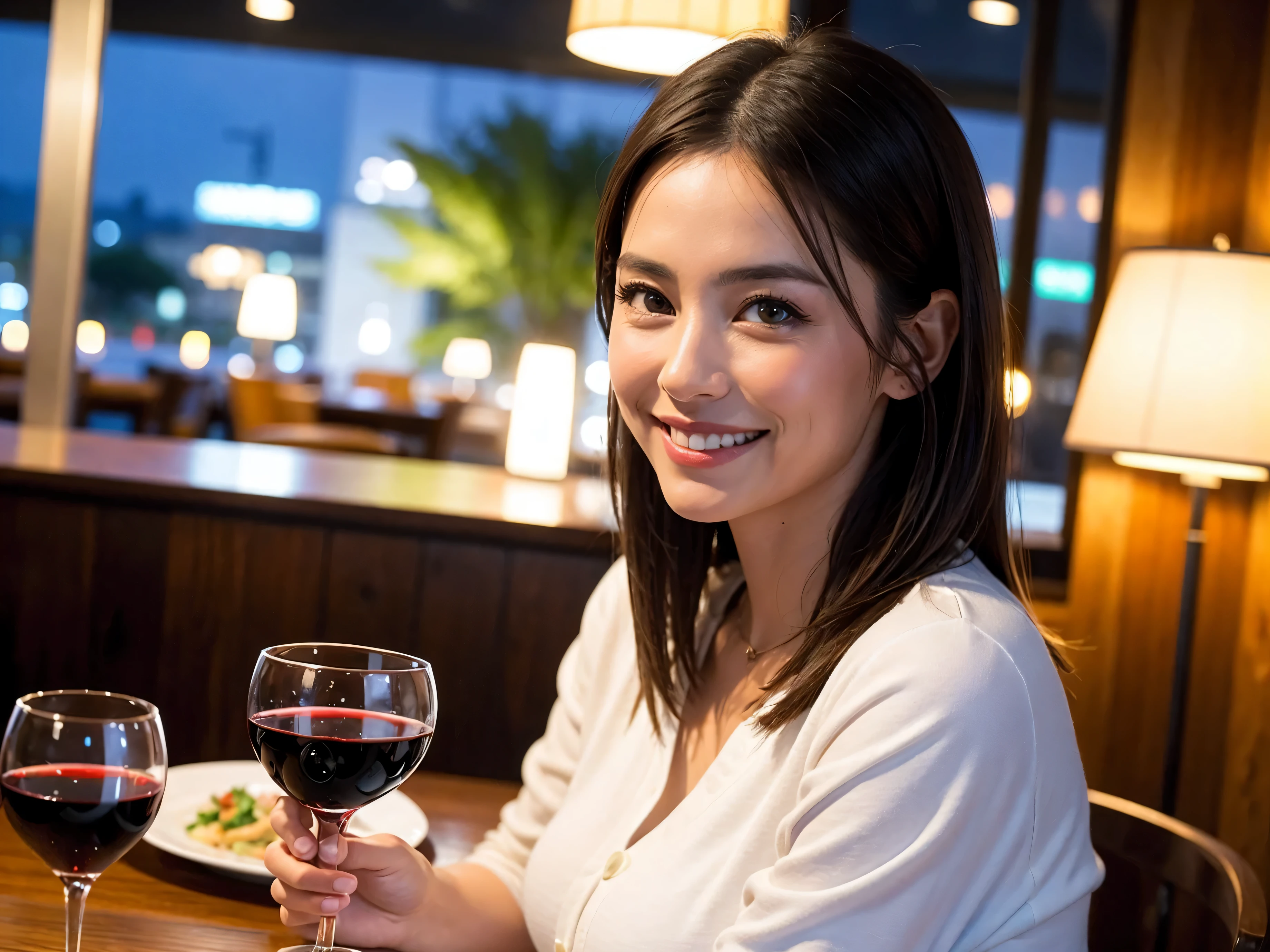 (64k included, nffsw, top quality, table top: 1.2), (realistic, realistic: 1.37), pretty woman 1, (slimな顔), (slimボティ), (brown hair), (shortcut), Italian、Spaniard、Dutch、American、French、cheeks blush a little, (40 years old), 38 years old, alone, 窓の外には美しく緻密なnight景が広がります........, restaurant, wine glassに座って, nightに, in a prominent place (from the waist up) nova frog style, actress, model, waist up, White wine, slim, wine glass, とてもきれいなnight景, 真ん中に置かれたwine glass, smile, (smile: 1.15), beautiful slender eyes, upper body, bust japan up, night, short, short, actress, model, waist up, White wine, slim, wine glass, とてもきれいなnight景, 真ん中に置かれたwine glass, smile,