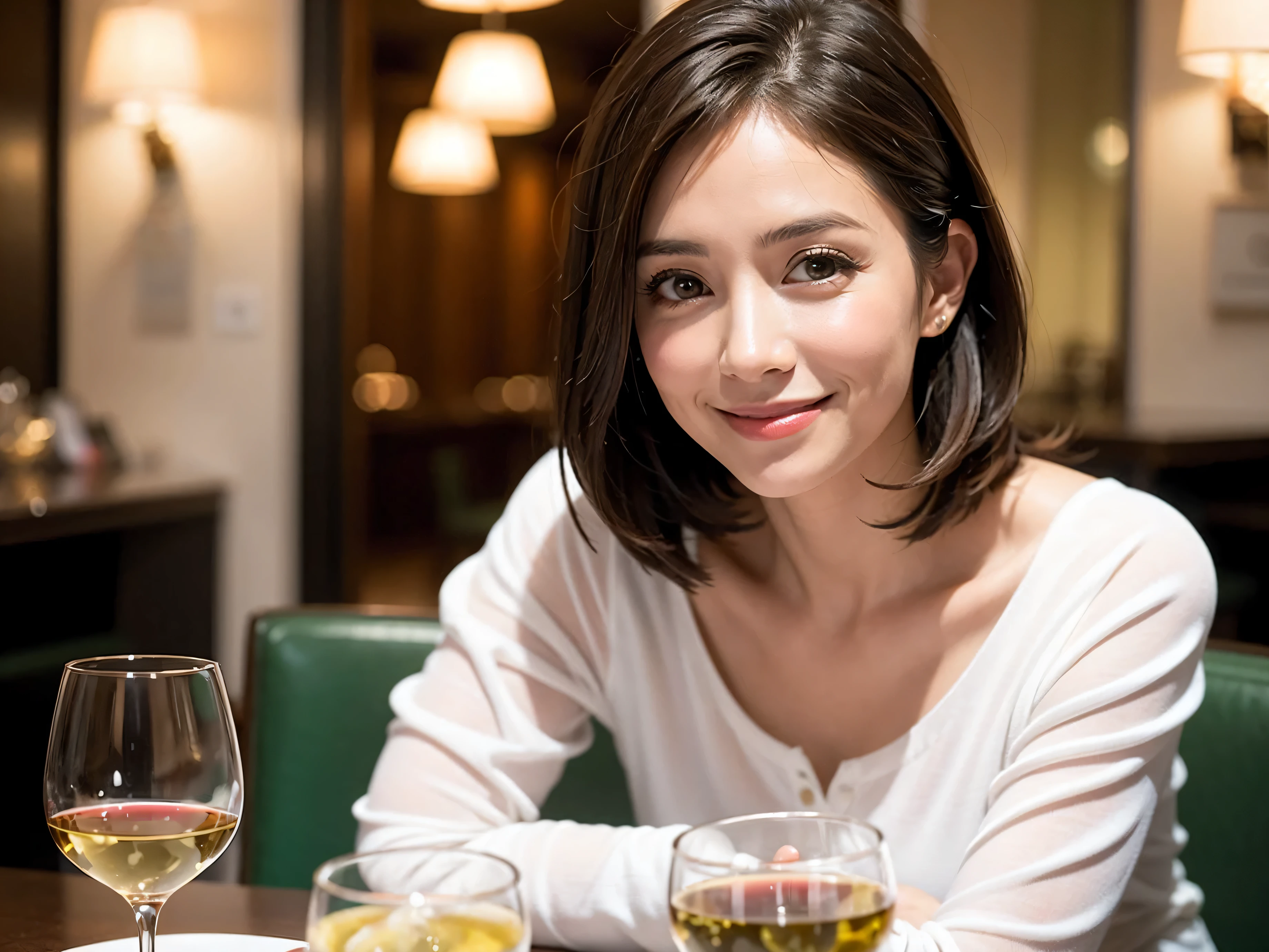 (64k included, nffsw, top quality, table top: 1.2), (realistic, realistic: 1.37), pretty woman 1, (slimな顔), (slimボティ), (brown hair), (shortcut), Italian、Spaniard、Dutch、American、French、cheeks blush a little, (40 years old), 38 years old, alone, 窓の外には美しく緻密なnight景が広がります........, restaurant, wine glassに座って, nightに, in a prominent place (from the waist up) nova frog style, actress, model, waist up, White wine, slim, wine glass, とてもきれいなnight景, 真ん中に置かれたwine glass, smile, (smile: 1.15), beautiful slender eyes, upper body, bust japan up, night, short, short, actress, model, waist up, White wine, slim, wine glass, とてもきれいなnight景, 真ん中に置かれたwine glass, smile,