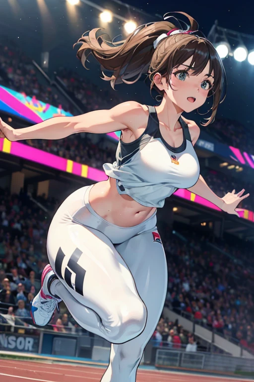 1 girl, (whole body:1.5), ((Mature woman jumping high over hurdles towards viewers on track:1.3, dynamic action pose:1.2, the left leg is straight and rises high:1.25, leaning forward, sprinting at full speed:1.2, Athletic competition:1.2)), ((Wearing white sports leggings and sports tank top:1.2)), (fine eyes, super detailed face:1.2, look away), (ultra high resolution, 8K RAW photo, Ultra-Realistic, textile shading), outdoor, ((correct anatomy:1.37)), image centered, (Shoulder Focus:1.2), ((From the front center:1.37)), dynamic angle, from below, blurred background, Bokeh,handsome face、cute