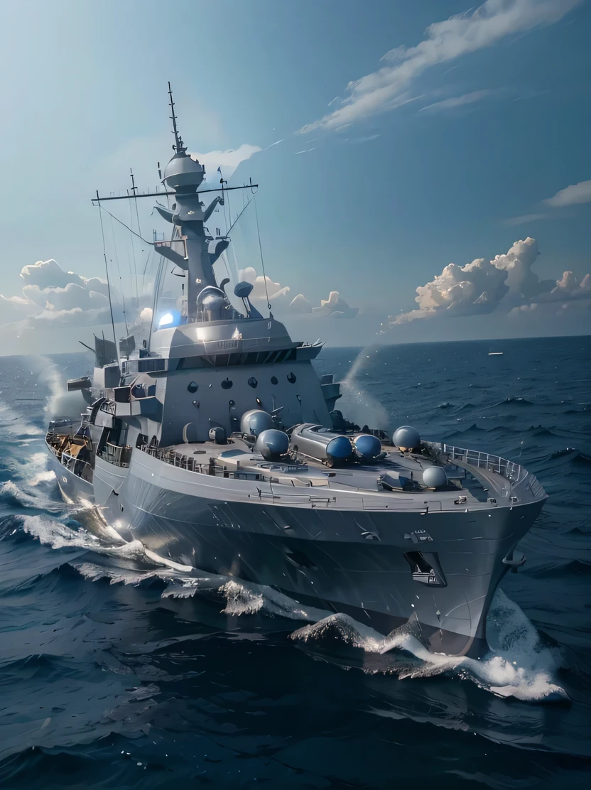 ((masterpiece、highest quality、genuine、Super detailed、High resolution、photogenuineistic、sharp focus、genuineistic photo、Live shooting、cinematic lighting))、modern style warship、Metallic gray color with blue details、explosion in water、genuineistic sea surface、perfect composition