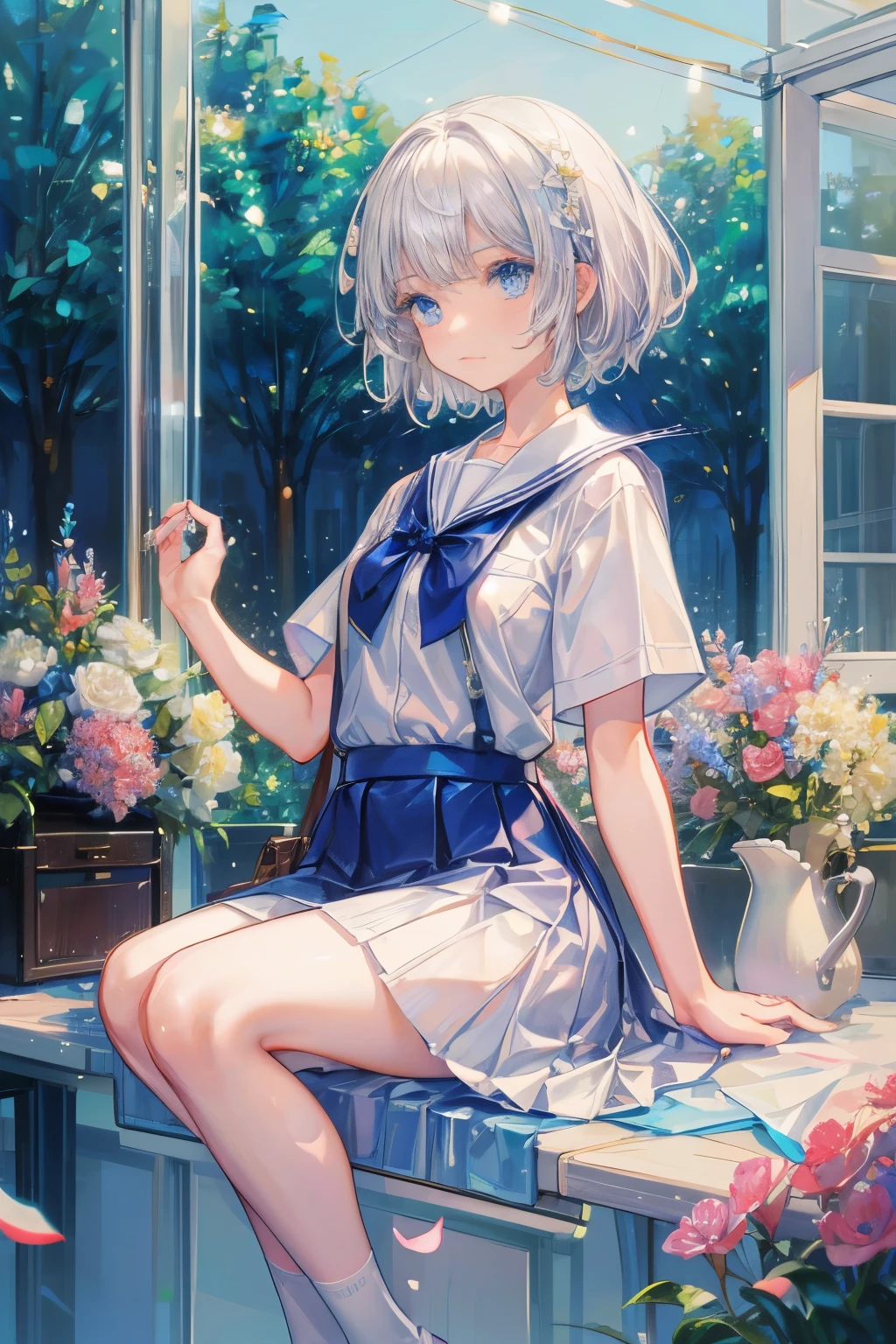 Masterpiece，Best quality，1 girl，(white) short hair，blue eyes，school uniforms，small breast，thin and small，flowers