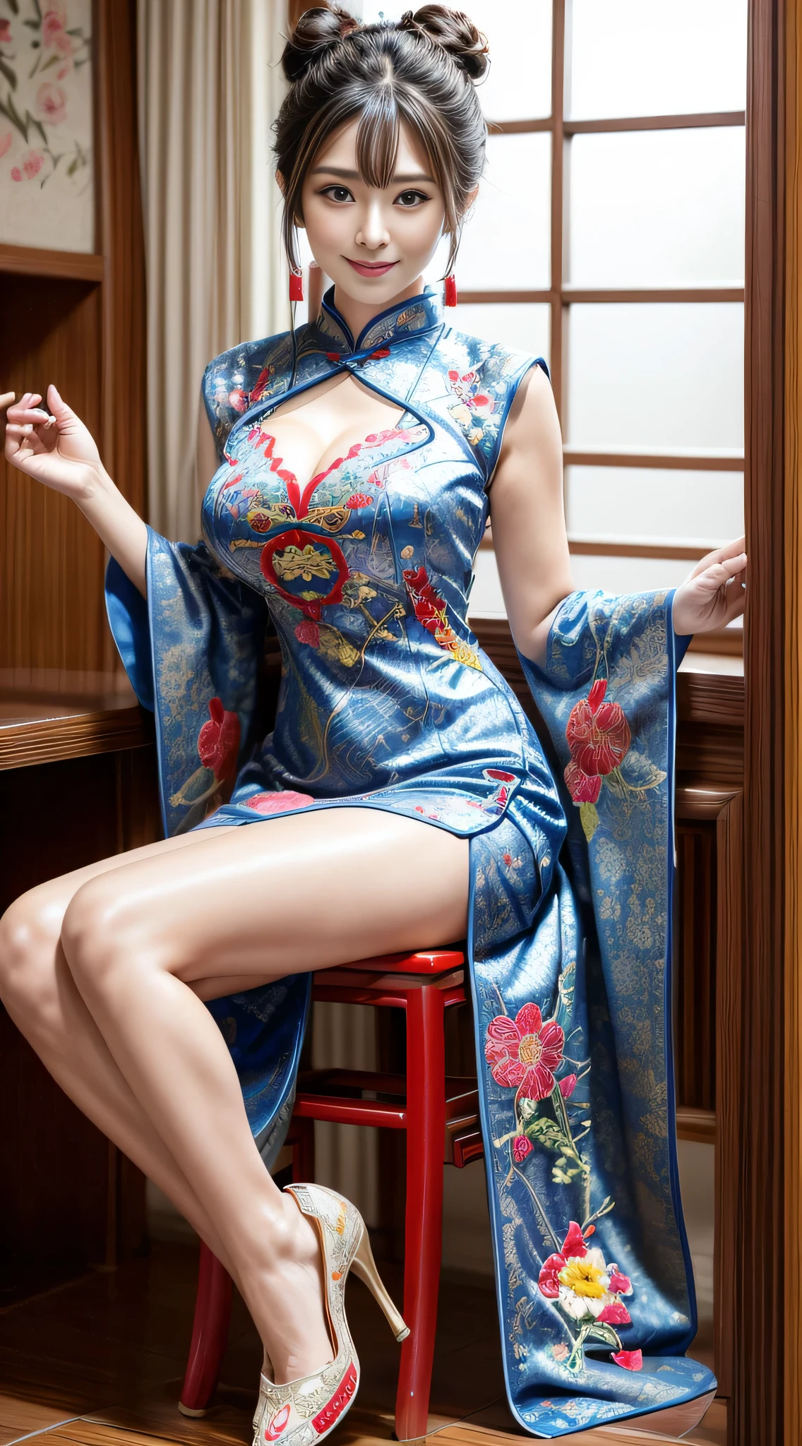 ((masterpiece、highest quality))、detailed face、Sexy Japan Models、(((Beautiful patterned embroidered Chinese dress 1.3)))、(Blue cheongsam)))、Wearing a sexy cheongsam、(double bun hair:1.3)、big breasts、cleavage、depth、1 girl、Symmatic lighting、high heels、sexy woman、Sexy beautiful legs、Beautiful legs focus、Attractive beautiful legs、セクシーなhigh heels、ルブタンのセクシーなhigh heels、Sitting on a chair with her legs crossed in a sexy way、Naughty legs、smile、sexy costume