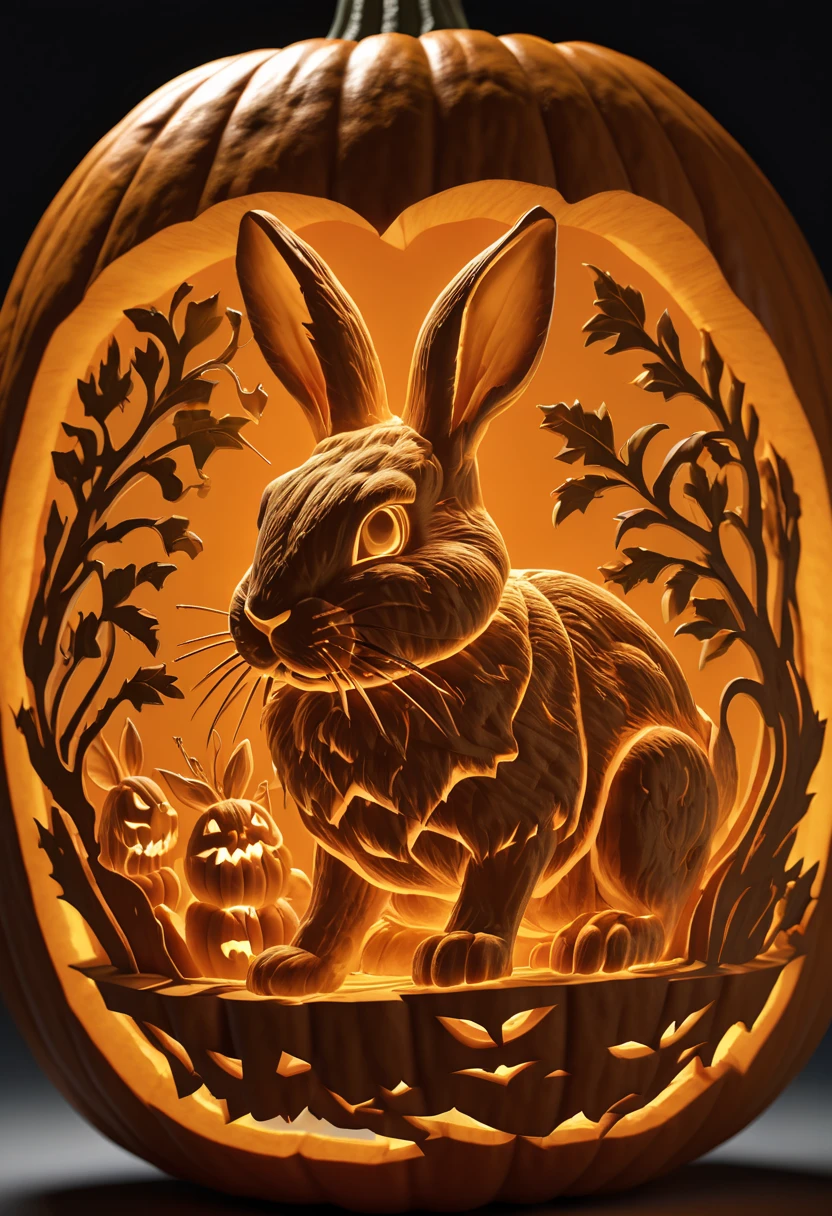 ultra detailed Pumpkin Carvings like a tiger, Shining suspiciously luminescence, BREAK high quality render, ultra realistic shadows, photoreal, 8k, photorealistic