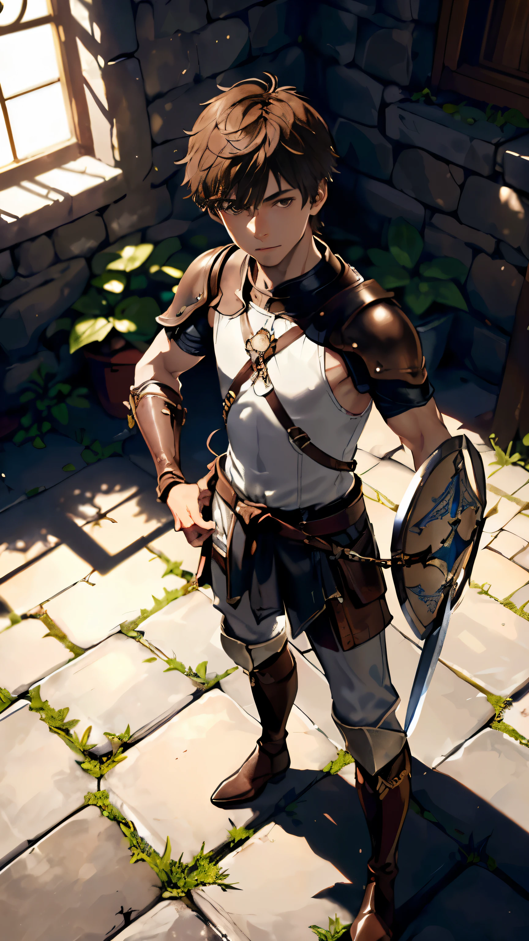 masterpiece, Super detailed, 8K portrait, RAW photo, Portrait photo of a man, highly detailed face, cool and careful eyes, ((fantasy)), 1 person, (((youth))), laughter, , warrior, Standing with hands on hips, (((short brown hair))), (((White skin color))), (((black leather breast armor))), chain waist cross, (((leather boots))), ((Equip a dagger and small shield)), midday sun, surreal, long legs, In the Adventurer's Guild of the Middle Ages, environmental lighting, shadow details, focus the camera on the face, strong wind, light fog