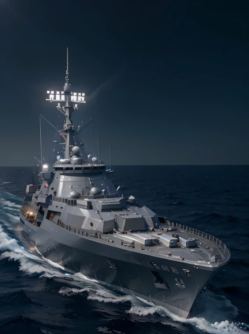 ((masterpiece、highest quality、genuine、Super detailed、High resolution、photogenuineistic、sharp focus、genuineistic photo、Live shooting、cinematic lighting))、modern style warship、Metallic gray color with blue details、Missile launch、genuineistic sea surface、perfect composition