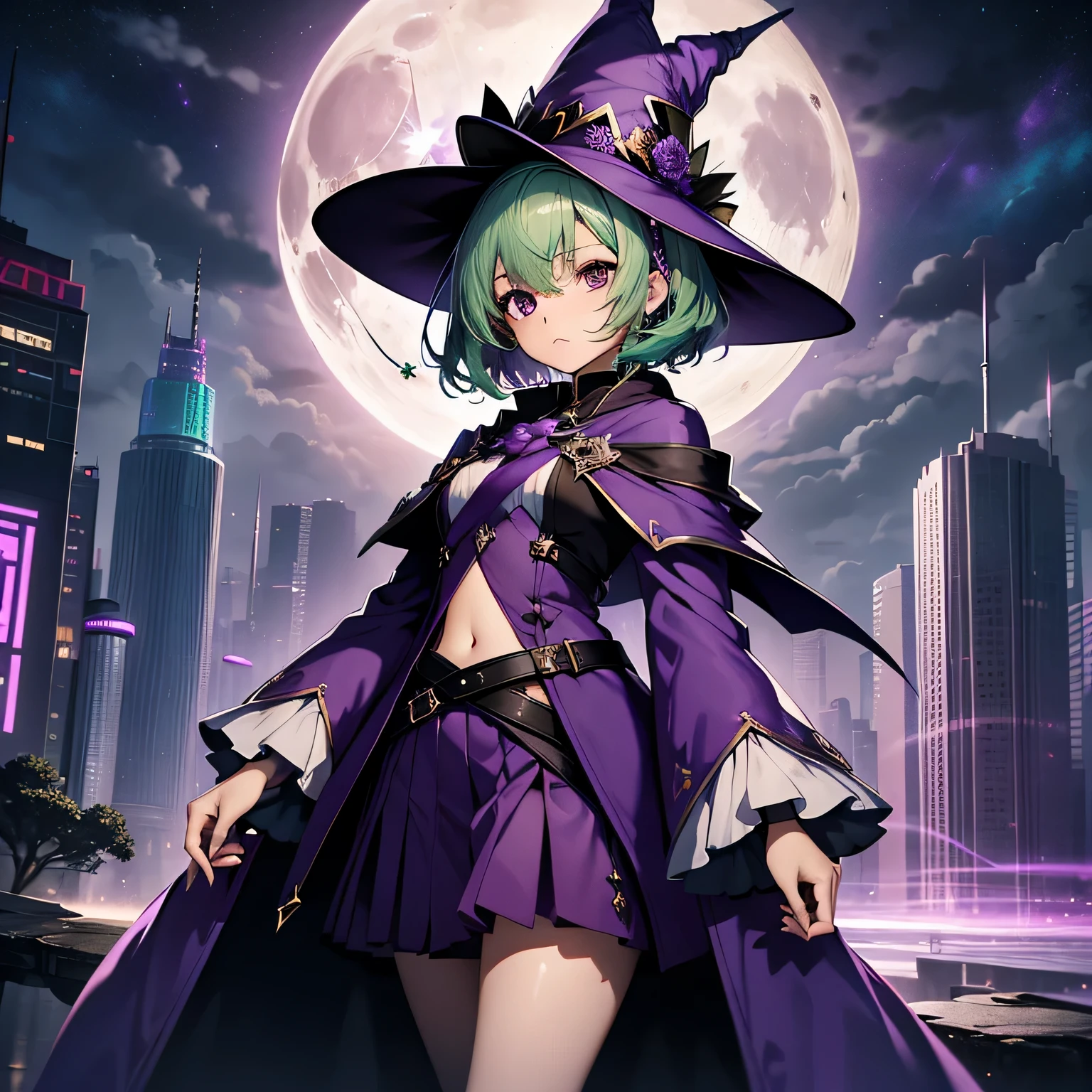 highest quality、very delicate and beautiful、(teenage girl)、purple eye、green hair、short haired、(purple witch hat)、Purple tie、I、short sleeve、purple skirt、Purple Wizard Robe、belly button、 Are standing、Full moon night on background