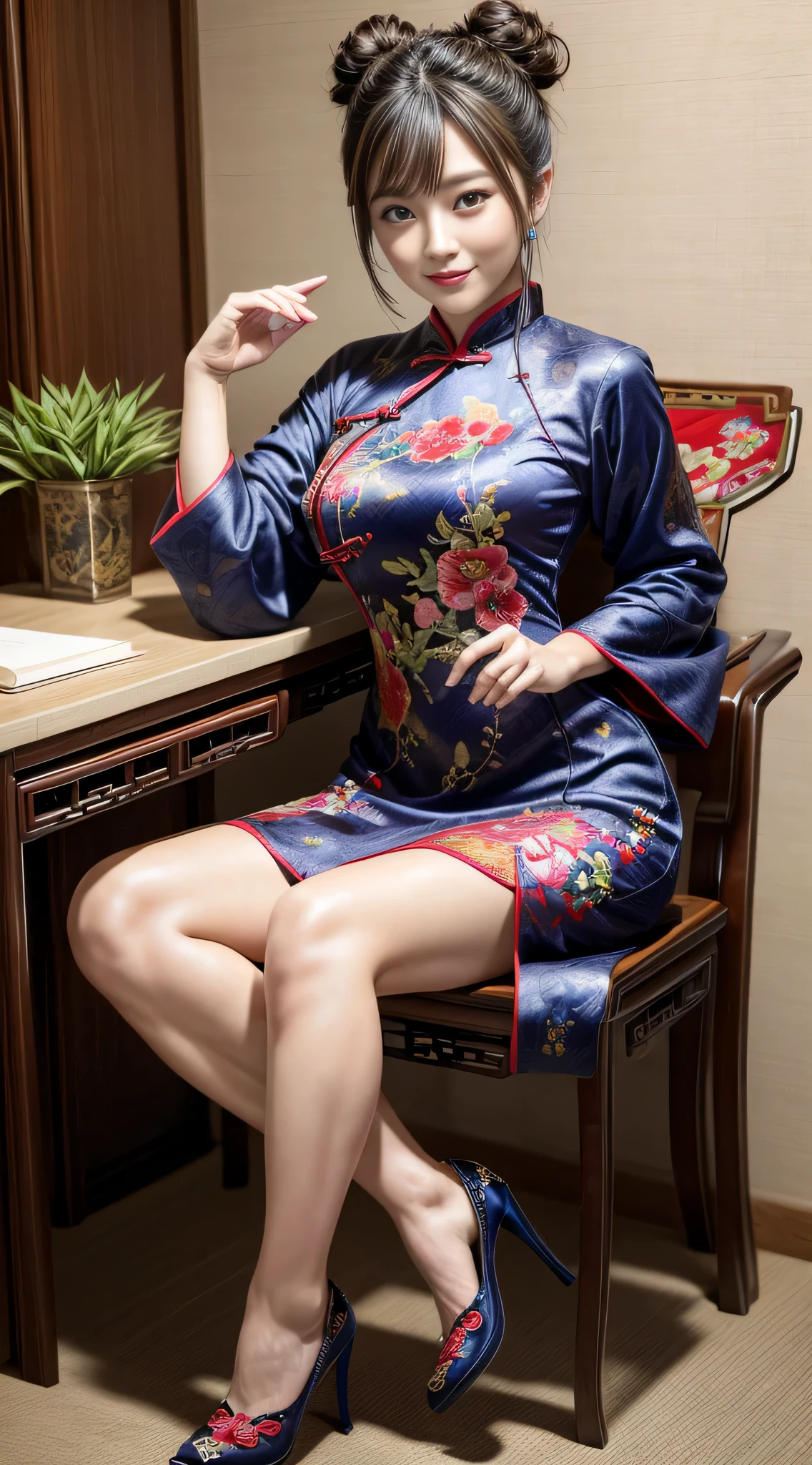((masterpiece、highest quality))、detailed face、Sexy Japan Models、(((Beautiful patterned embroidered Chinese dress 1.3)))、(Blue cheongsam)))、Wearing a sexy cheongsam、(double bun hair:1.3)、big breasts、cleavage、depth、1 girl、Symmatic lighting、high heels、sexy woman、Sexy beautiful legs、Beautiful legs focus、Attractive beautiful legs、セクシーなhigh heels、ルブタンのセクシーなhigh heels、Sitting on a chair with her legs crossed in a sexy way、Naughty legs、smile、sexy costume