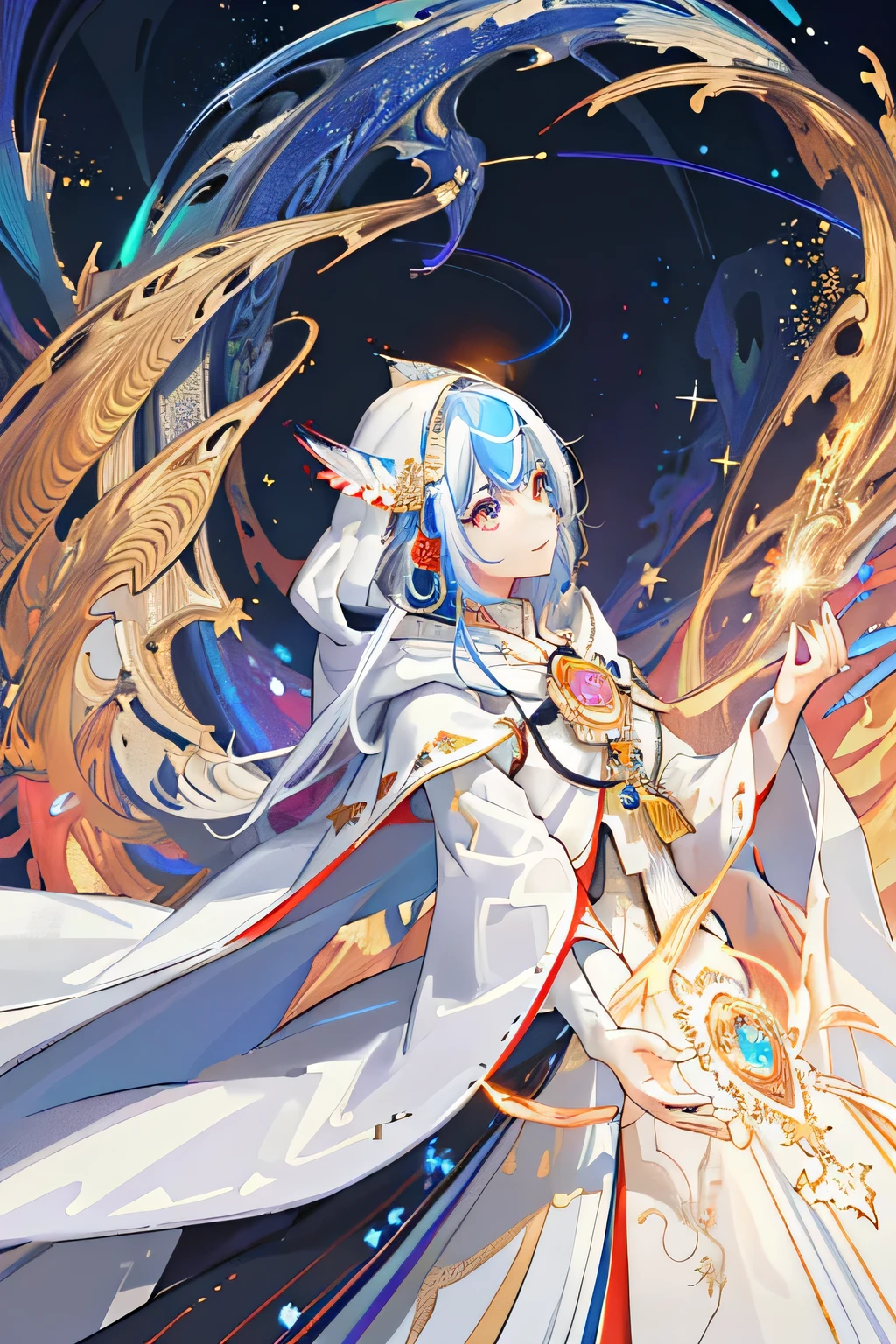 (masterpiece, quality, best quality, official art, Beautiful and beautiful:1.2), (1 girl), Very detailed, (fractal art:1.3), colorful, most detailed, perfect face, Upper body, human development report, (pray:1.3), (white cloak golden lines:1.2), galaxy, (light streaks), Eye-catching visuals, (dynamic streaks, glow trail:1.2), bright colors,