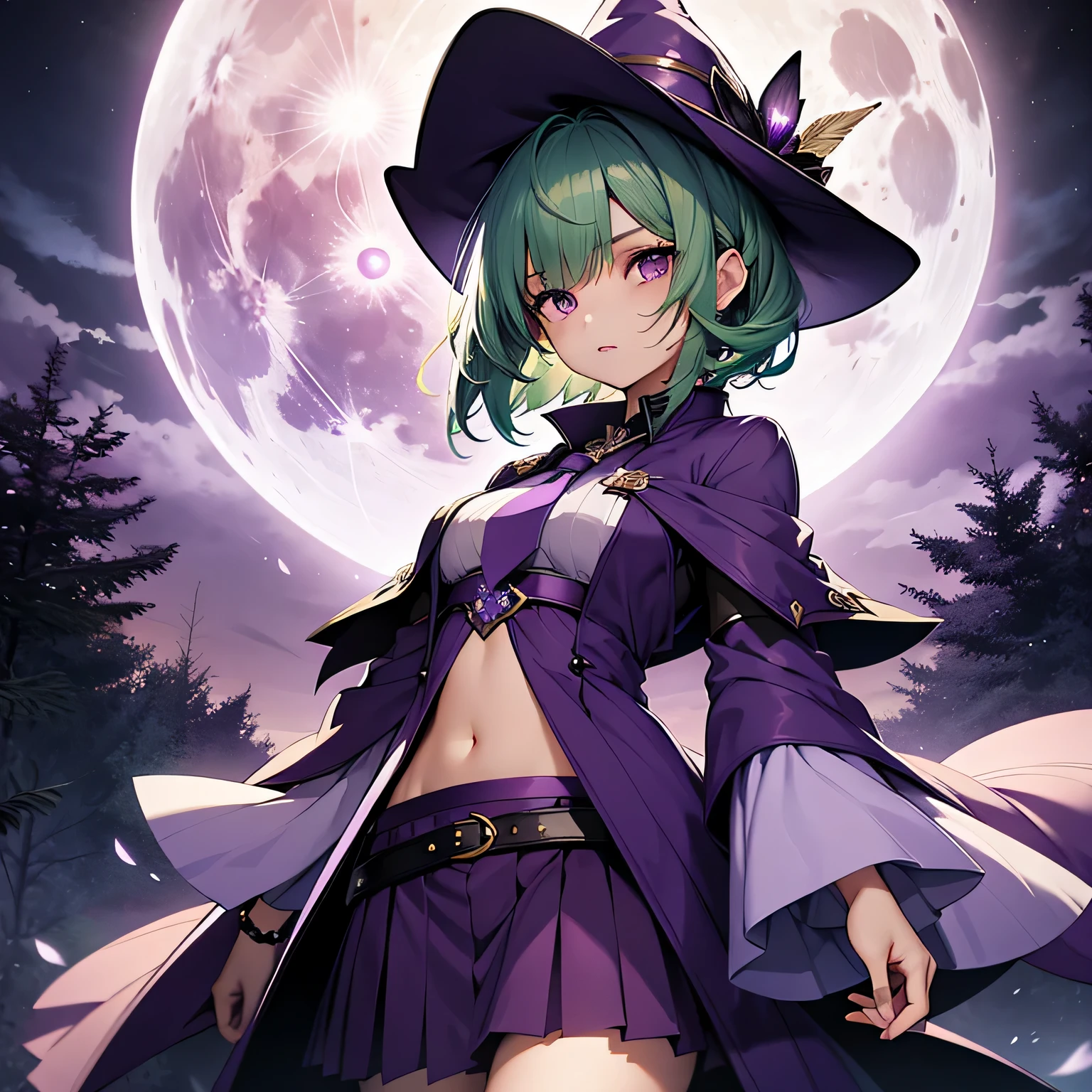 highest quality、very delicate and beautiful、(teenage girl)、purple eye、green hair、short haired、(purple witch hat)、Purple tie、I、short sleeve、purple skirt、Purple Wizard Robe、belly button、 Are standing、Full moon night on background