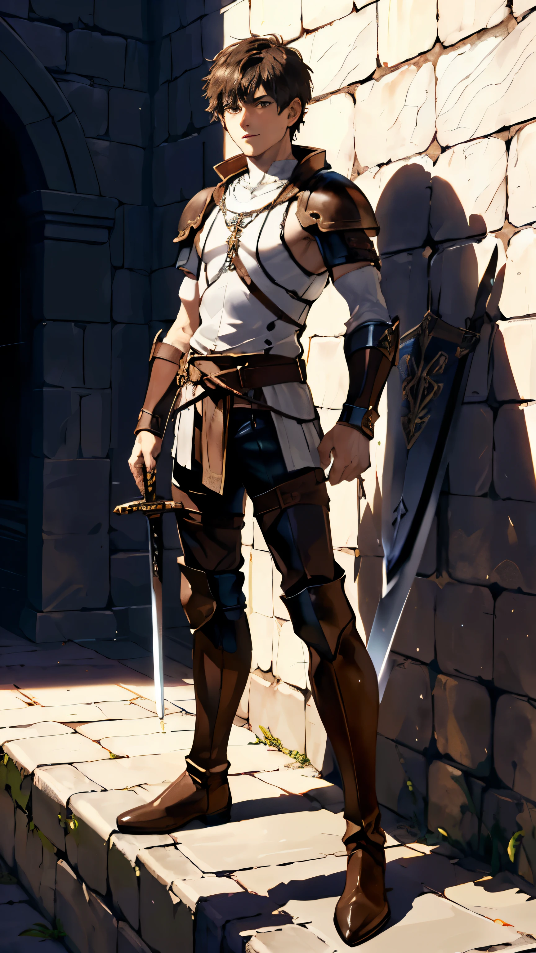 masterpiece, Super detailed, 8K portrait, RAW photo, Portrait photo of a man, highly detailed face, cool and careful eyes, ((fantasy)), 1 person, (((youth))), laughter, 17 years old, warrior, Standing with hands on hips, (((short brown hair))), (((White skin color))), (((black leather breast armor))), chain waist cross, (((leather boots))), ((Equip a dagger and small shield)), midday sun, surreal, long legs, In the Adventurer's Guild of the Middle Ages, environmental lighting, shadow details, focus the camera on the face, strong wind, light fog