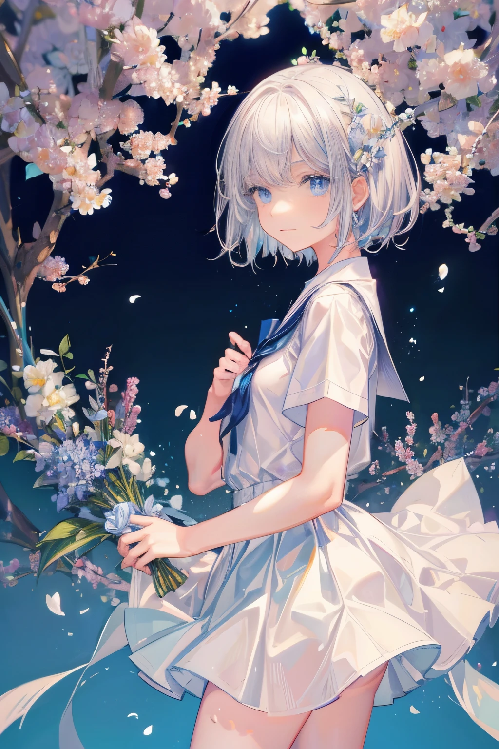 Masterpiece，Best quality，1 girl，(white) short hair，blue eyes，school uniforms，small breast，thin and small，flowers