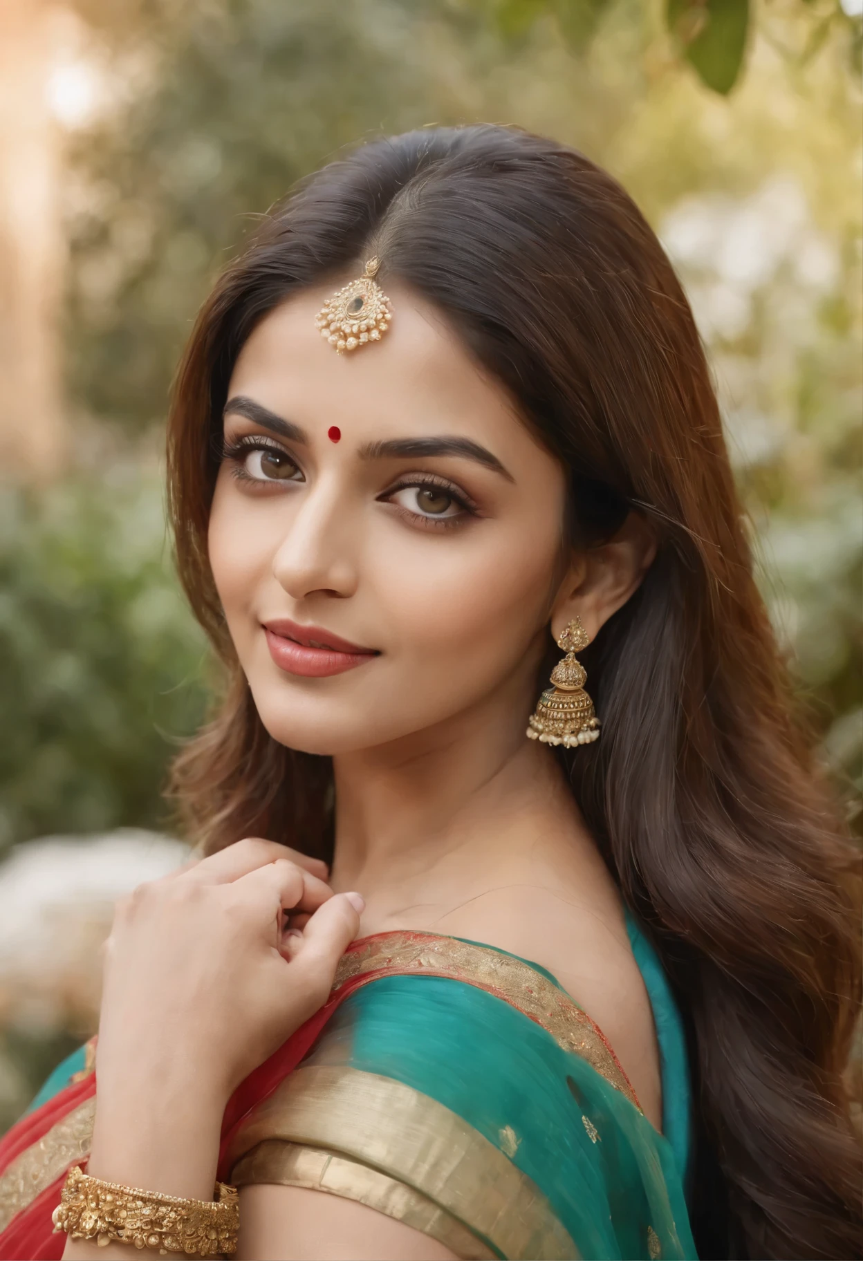 (best quality,4k,8k,highres,masterpiece:1.2),ultra-detailed,(realistic,photorealistic,photo-realistic:1.37),portrait,beautiful detailed eyes,beautiful detailed lips,extremely detailed eyes and face,longeyelashes,Indian beauty,Aishwarya Rai Bachchan,graceful,distinguished features,charming smile,milky complexion,expressive eyes,golden-brown hair,sleek and shiny,straight hair,traditional Indian attire,ornate jewelry,sparkling earrings,delicate necklace,brightly colored silk saree,enchanting background,flower garden,blooming flowers,vibrant colors,cascading water fountain,sunny day,natural sunlight,soft and warm lighting,ethereal atmosphere, wearing sports bra