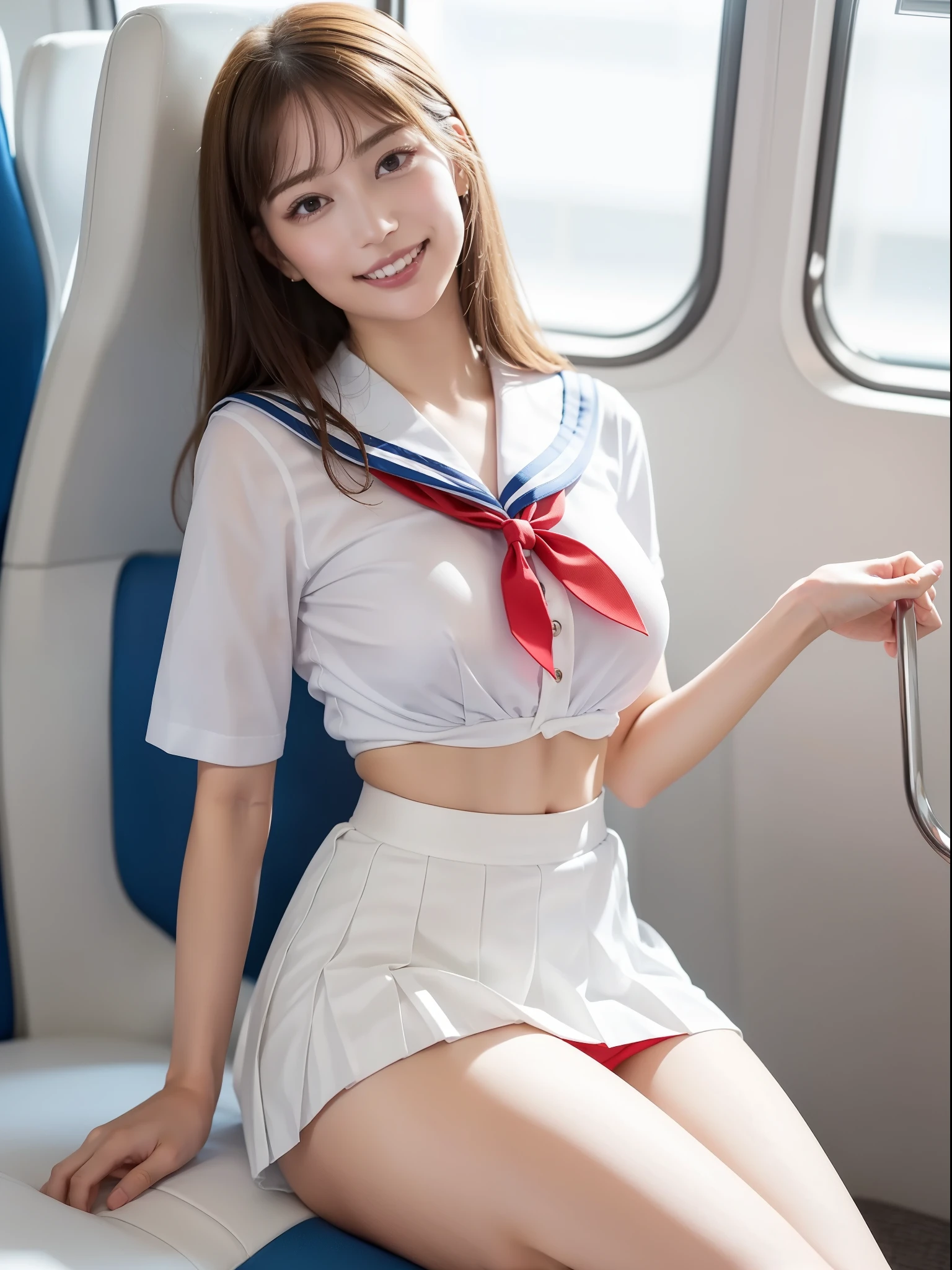 highest quality,Super detailed,masterpiece,real,写真real,the lighting is bright,1 girl, カメラにpantiesを見せびらかすためにスカートを持ち上げます)))、(((Beautiful alignment and white teeth)))、(((lift the skirt higher and higher,、pantiesをカメラに見せる)))、The most popular and beautiful employee of the company、Super slim body Gcup bust、Slim model body shape、Beautiful posture、very beautiful 18 year old girl, (cute:1.2),thin smile, (brown eyebrows),shortcut、perfect shiny skin,perfect skin,((erotic,sexy and sexually explicit)),((Precise hands without any discomfort)), big breasts,thin waist, view audience,((sailor suit)),((short sleeve uniform white shirt)),(red tie),(blue mini pleated skirt),(((do it yourself skirt lift))),(lift it yourself),(Showing panties),panties,pantiesフォーカス,((sit,spread legs)), socks knee socks),(loafer shoes), daytime,inside the train,Horizontal long seat with back to window